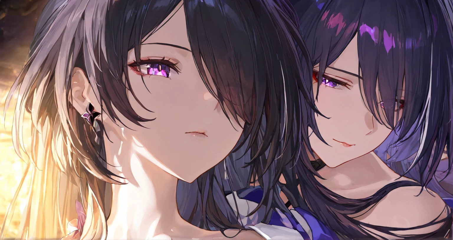 Wearing a purple bikini、barefoot。hair is black、Purple eyes。Breasts are K cup。The skin is white and、Long hair。Has one brother and one sister。My sister has an E cup。All of them have black hair。6 siblings。It's like diving into the ocean and looking at the coral reefs and fish.。in the sea。My brother is wearing a purple diving suit.。I have one older brother.。I have five sisters.。All six people, including myself。My sister is 13 years old、My brother is 15 years old。At the sea。