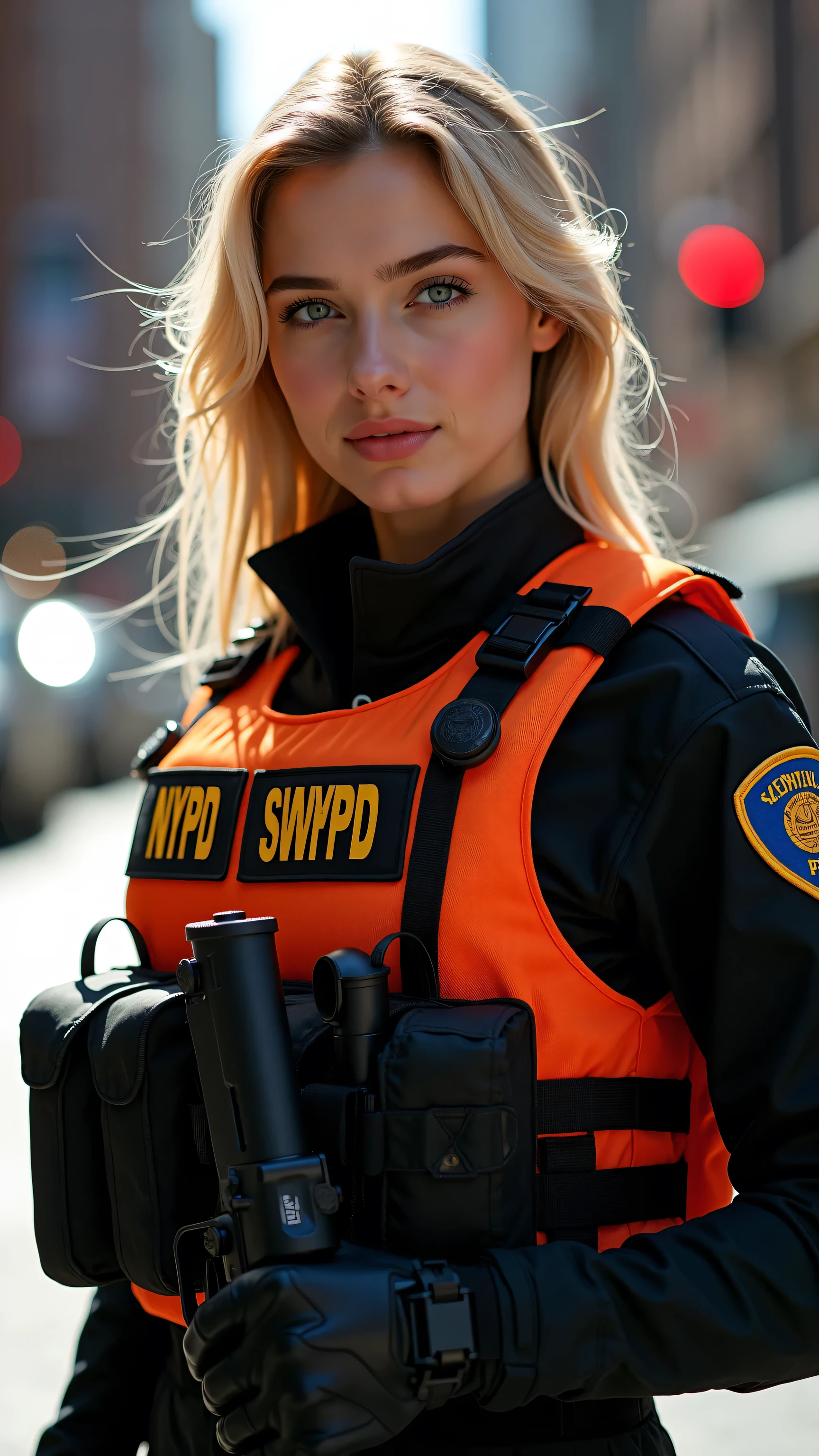 High Definition Images、 Female 1、American beauty、so beautiful、facial beauty、blue eyes、standing、NYPD uniform、SWAT member、orange bulletproof vest、 blond hair、Midday City、 backlit、 the wind is blowing 、hug Smith and Wesson、he's staring his muzzle into the camera。、upshot、hits me with a handgun。