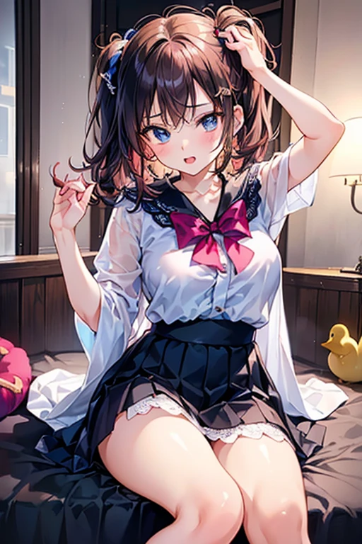 (Best quality, 8k, 32k, Masterpiece, UHD,:1.2),RAW, human, 1girl,ultra cute , ultra cute, natural lighting, transparent shining eyes, 20yo, medium breast ,femur, fair complexion , flushed face, Extraordinary beautiful girl、Highlights of cheek luster, Beautiful bangs、Glowing white shiny skin、Bangs between the eyes、shiny and beautiful hair、Silky hair、finer hair、High-definition eyes、Beautiful, Bright and clear, Small eyes、eye liner、Double eyelid, red blush, embarrassed from, shiny little necklace and earrings, shiny lips: 1.4, (Shy laughter)、Kamimei, red blush, Tears are embarrassing、(Red dress), ((Blue lace panties))、((Open knees))、((open one's legs))、((Disheveled clothes))、((Dressing))、Puffy nipple, red hair, twintail, bangs flowing diagonally, Medium Wave Long Hair, yellow eyes, medium breast size, (sit on red sofa)