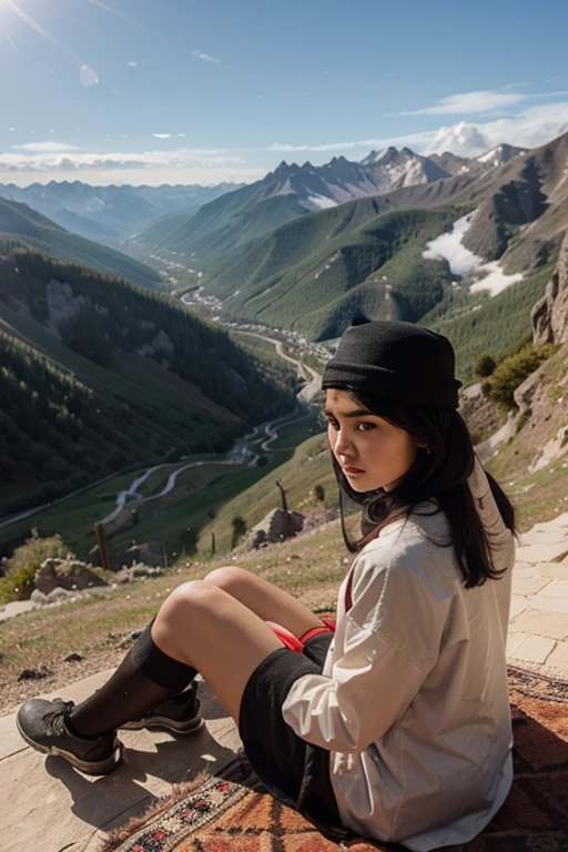 I want to make a realistic nature image in this image mountain view and there sit a beautiful chines girl 