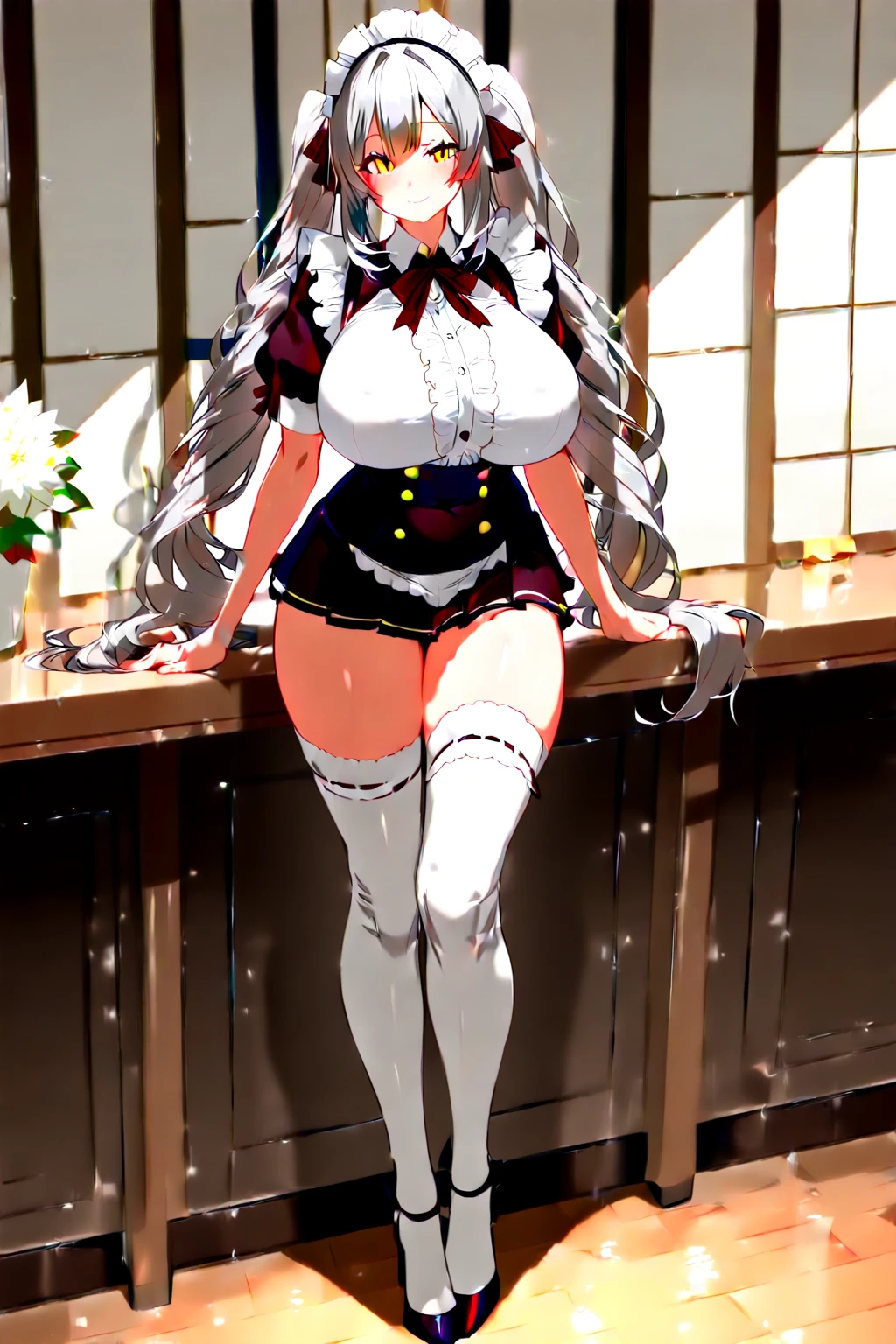 Masterpiece、Highest quality、Highest quality, (Long, slender legs, shoes:1.2), (squat, Spread your legs), (Hands behind the body:1.2)、1 girl, (smile、Open your mouth大笑い:1.2), Cute eyes, (Detailed face:1.3)、Open your mouth, The whole face turns red, alone, Oversized breasts, Big and ample breasts, (Straight bangs, Twin tails:1.2), (White maid outfit:1.2)、(Nipples、Ultra-micro bikini that only covers the bust digs into the skin:1.2)、Side bust、Underbust、belly button、Walking through the mansion&#39;corridor、Browsing Caution、shoes下