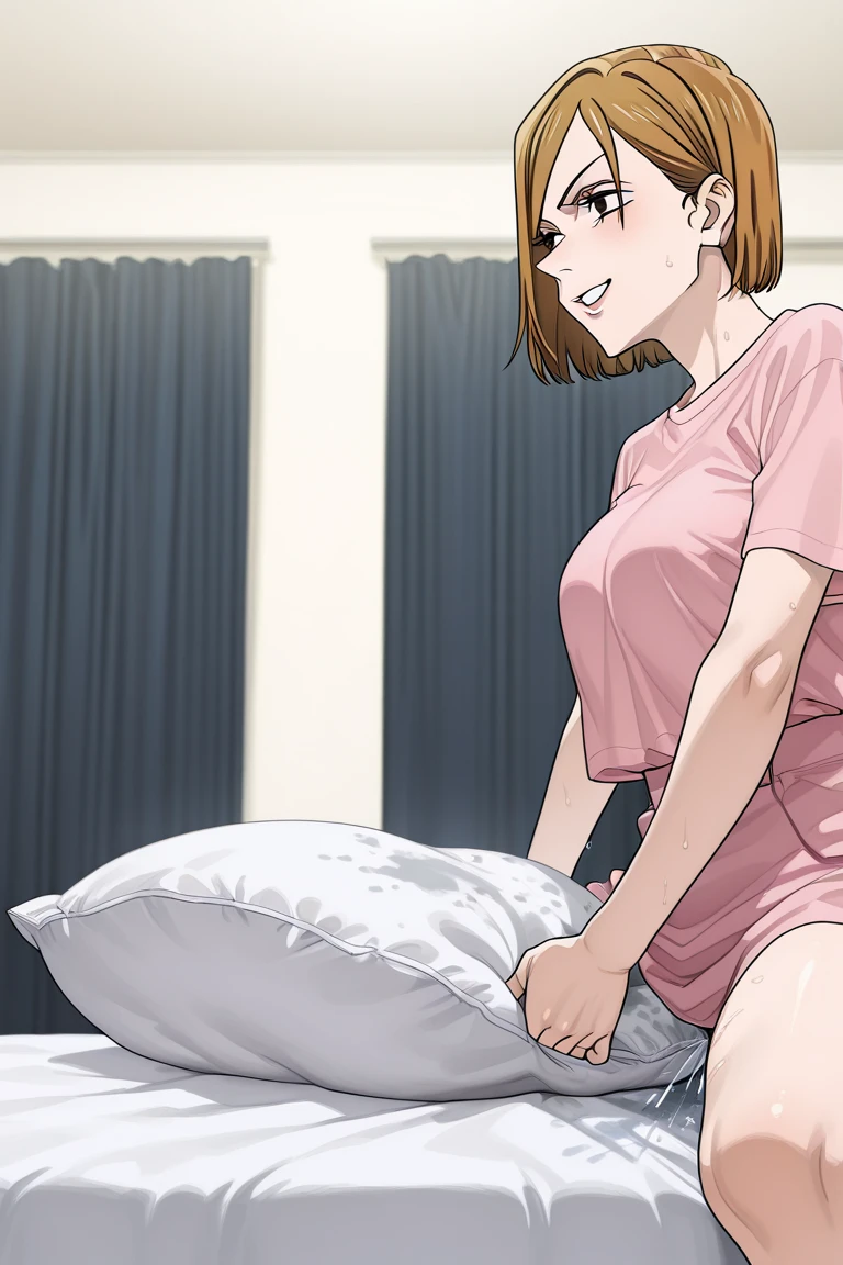 <lora:nsfw_pov_all_in_one:0.65> doujinshi flat colored illustration, 1girl, 1boy, petite, 24 year old English woman, in a loft studio apartment, white bedsheets, pillows, wavy brown hair, short bob cut, medium breasts, (smiling:0.7), (freckles:0.8), small nose, hazel eyes, stong thighs, strong shoulders, warm lighting from window, intricate detail, veined penis, reverse cowgirl, POV
