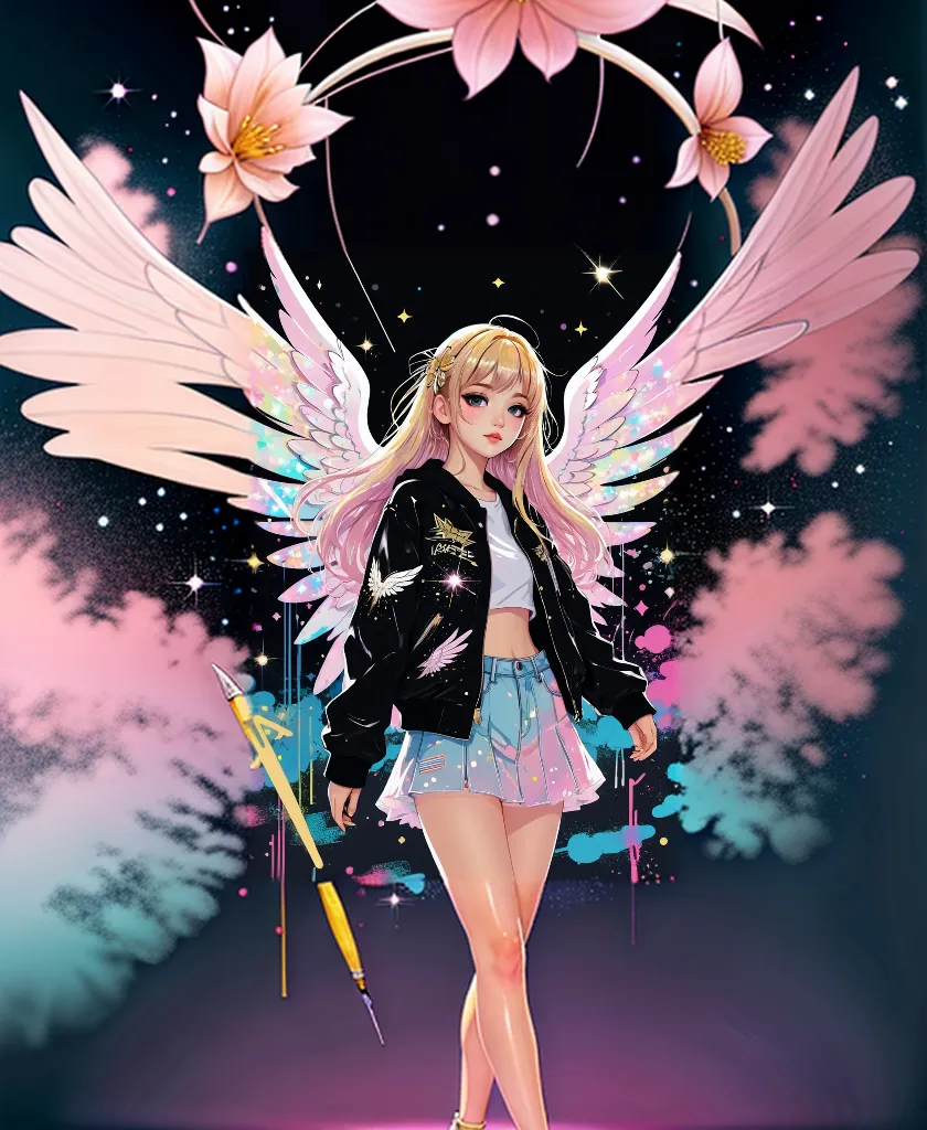 she has light skin, brown eyes, light brown eyebrows, pink blush, pink lipstick, blonde shoulder length hair with black barettes, white socks, a red coat with black leopard print and cuffs, a red skirt with a black pearl pattern, and red high tops with black soles. She also comes with a white pacifier and a black backpack with white wings. SPARKLE; GLITTER