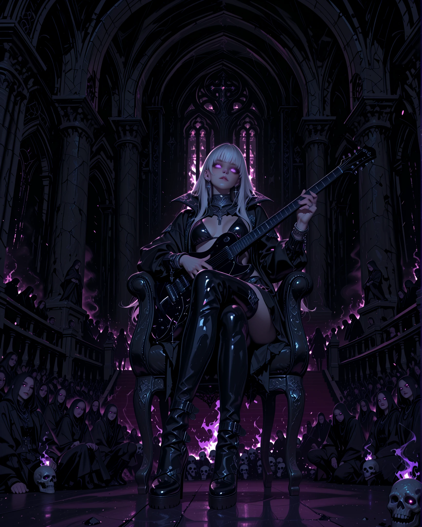 Gothic fantasy anime-style illustration. A pale-skinned gothic girl with long, flowing white hair and piercing eyes sits confidently on a black barstool at the center of a dark, eerie concert stage. She wears a black leather bikini with silver chains and lace details, paired with thigh-high boots and spiked accessories. In her hands, she holds a sleek black electric guitar adorned with silver gothic engravings and small skull motifs, her fingers mid-chord as she plays. Behind her, massive walls of flames rise, casting a fiery glow over the stage. The backdrop features towering gothic arches, shadowy gargoyle statues, and ominous fog creeping across the floor. A crowd of ghostly, transparent figures fills the venue, their glowing eyes fixed on her performance. Purple and crimson stage lights cut through the smoke, highlighting her confident, rebellious expression. The atmosphere feels like a fusion of a heavy metal concert and a haunted cathedral, raw energy and dark elegance colliding.