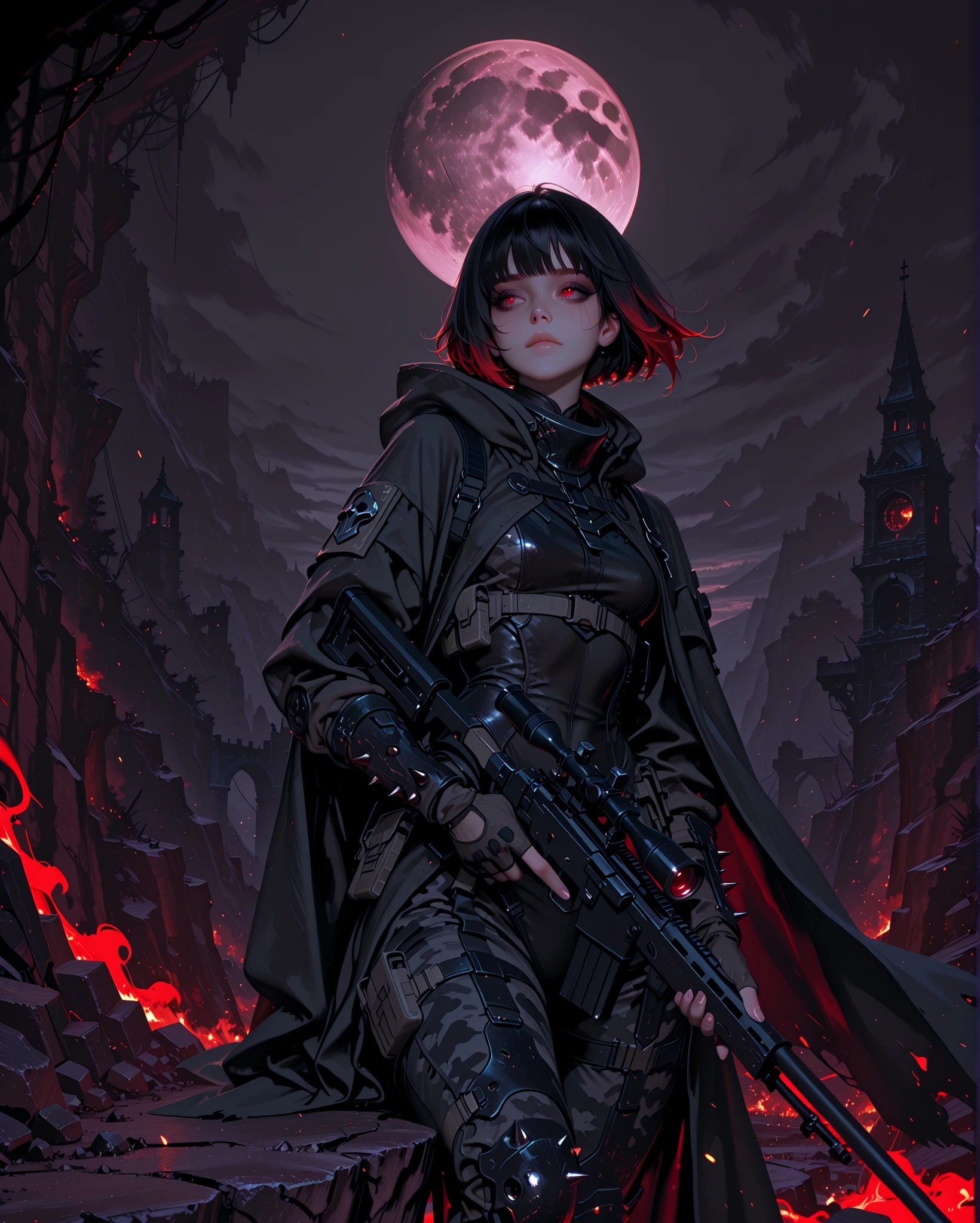 Full-body gothic fantasy anime-style illustration. A pale-skinned gothic girl with a sleek black bob haircut featuring subtle dark gray camo-like highlights sits poised on a rocky cliff under the cold glow of a massive full moon. She wears tactical gothic attire — a fitted black and dark gray camo bodysuit with armored pads, leather straps, and spiked accents — blending stealth and dark elegance. Fingerless gloves grip a long, intricately designed sniper rifle with black metal engravings, silver filigree, and faint crimson runes along the barrel. Her eyes are sharp and focused through the scope as she takes aim at a distant unseen target. The wind tugs at her clothing and faint strands of her hair, while dark mist swirls around the cliff’s edge. In the distance, shadowy gothic ruins are silhouetted against the moonlight, and faint embers drift through the night air, adding a tense, cinematic atmosphere.
