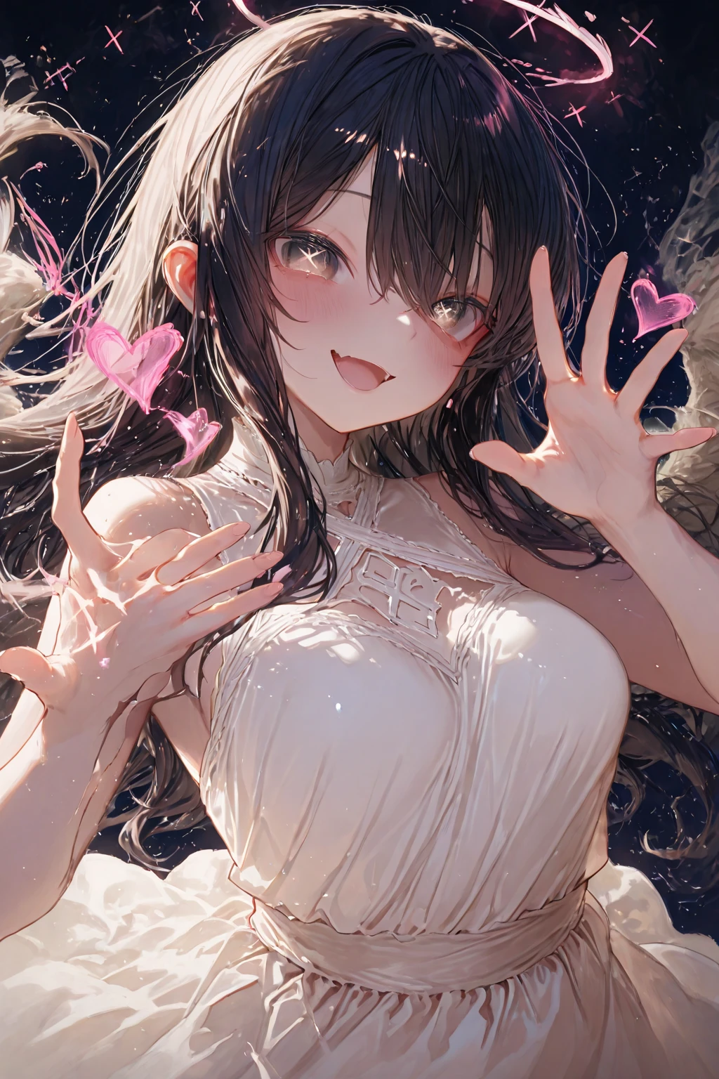 (masterpiece), ((最high quality)), (masterpiece,最high quality,Official Art,Highly detailed CG Unity 8k wallpaper)、Beautiful Japanese Women、Face drawn in detail、Smooth Skin、Calm expression、high quality、Realistic、((Hollow Eyes:1.6))、A seductive smile、((Open your mouth wide:1.9))、Looking up at the viewer:1.4、((Place one hand over your mouth:1.3))、Big Breasts、(Perfect Anatomy、Five fingers)