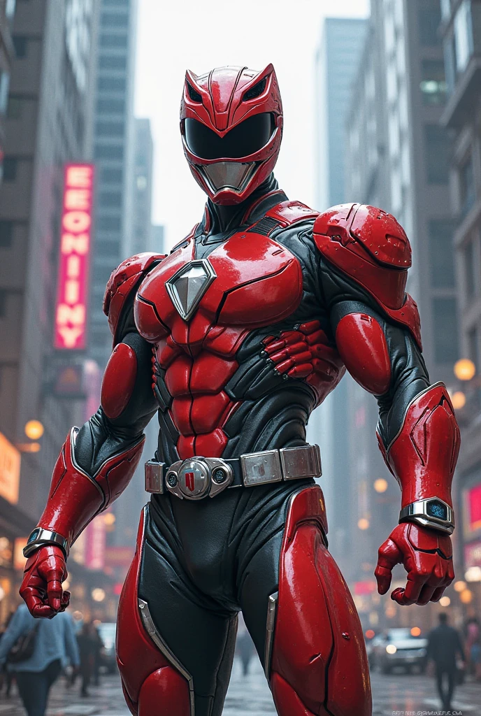 (man:1.1), masculine, red and black armor, smooth sleek armor, cybertech arms, mechanical arms, pants, utility belt large pouches, gloves, (futuristic smooth helmet with face covered:1.1), muscular, superhero,(detailed eyes:1.1),perfect eyes, standing on skyscrapers roof top, skyscrapers, high detailed, high res, high quality, comic style, detailed face,  <lora:nijiarmor_v2:0.6> <lora:Muscular-10:0.6>