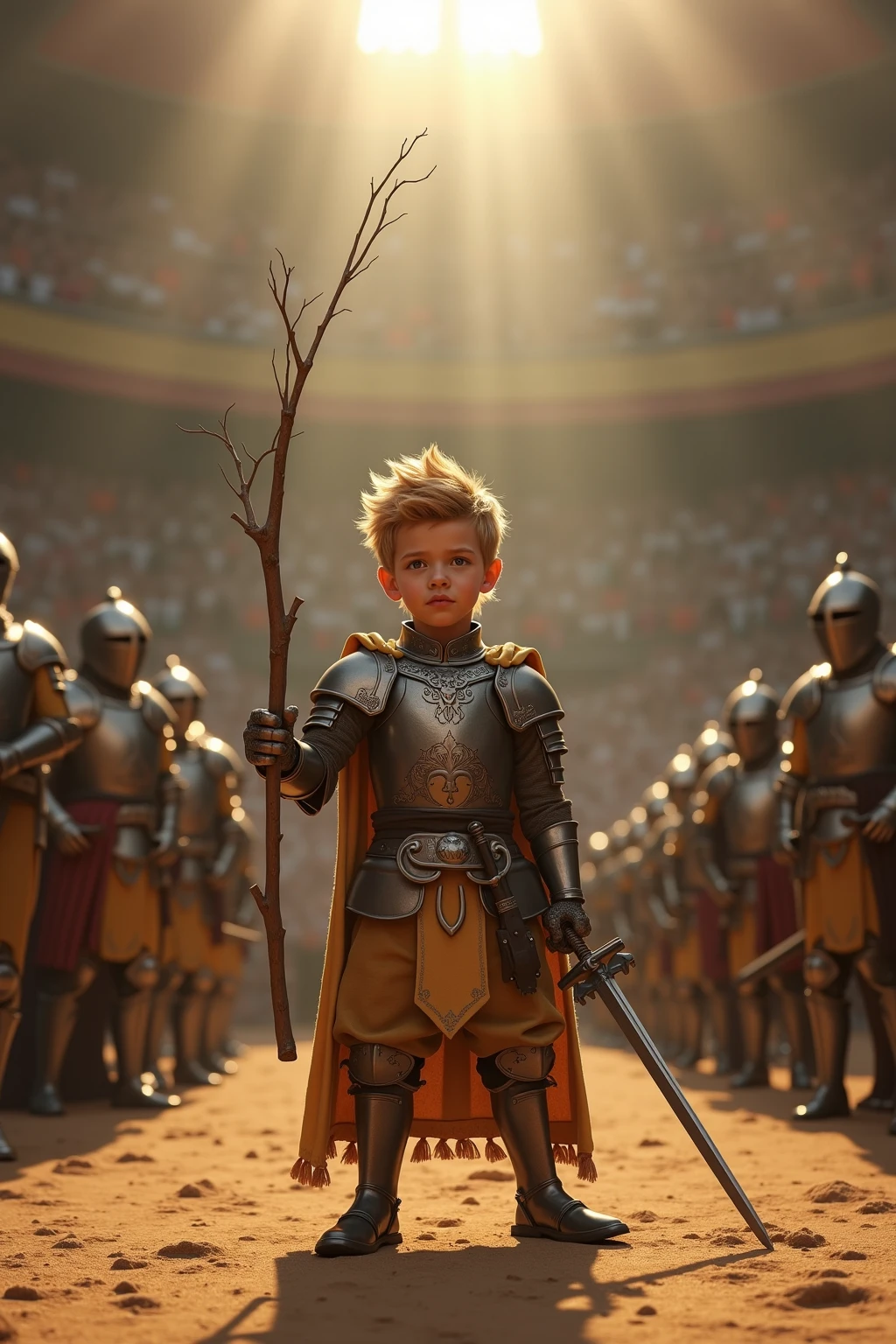 Create a scene where an adorable baby is wearing a He Man character outfit and raising his sword high, real tiger animal walking next to the baby, and parading on the catwalk, ultra realistic 4k motion camera