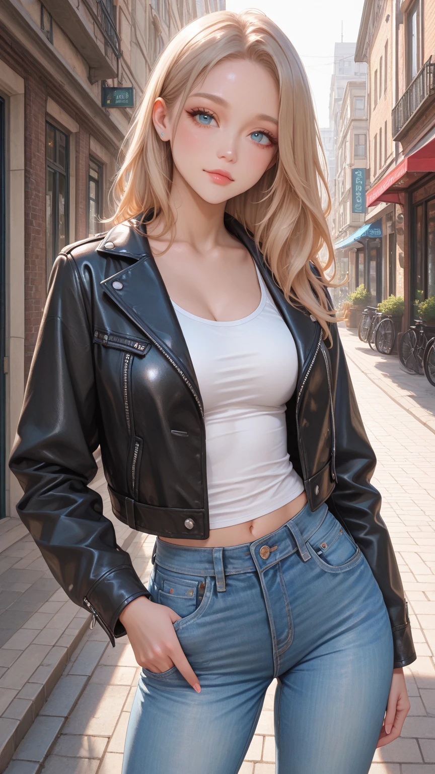 (((Highest quality: 1.4))),(An unparalleled masterpiece), (Ultra-high resolution),(Ultra-realistic 8K CG), Official Art,Large Breasts (((Adult body))), (((Girl in a sexual position))), , Punk girl with a perfect body, Metallic spine jacket,Beautiful and well-groomed face,,Detailed punk fashion,leather jacket, (Head to thigh image),(( blonde, Long Bob )), small leather panties, Simon Bisley&#39;Urban Brutalist Style,London detailed street background,Beautiful Abs, Complex graphics, Deep pink and white stars、Grey and white striped poison tattoo )),