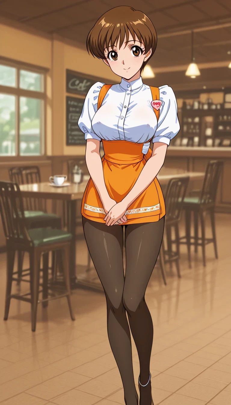 score_9, score_8_up, score_7_up, Source_anime, top quality、8k、masterpiece、natural light、and high precision、perfect anatomy、one woman、midium breasts, voluptuous body, asuka_zero, anime coloring, retro artstyle, very short hair, hair between eyes, brown hair, brown eyes, (Happy Expression, looking at viewer), waitress costume, anna miller, micro mini skirt, pantyhose, anklet, covered nipples, Cleavage, (cafe, blurry background), standing, feet together, poised stance with own hands together in front