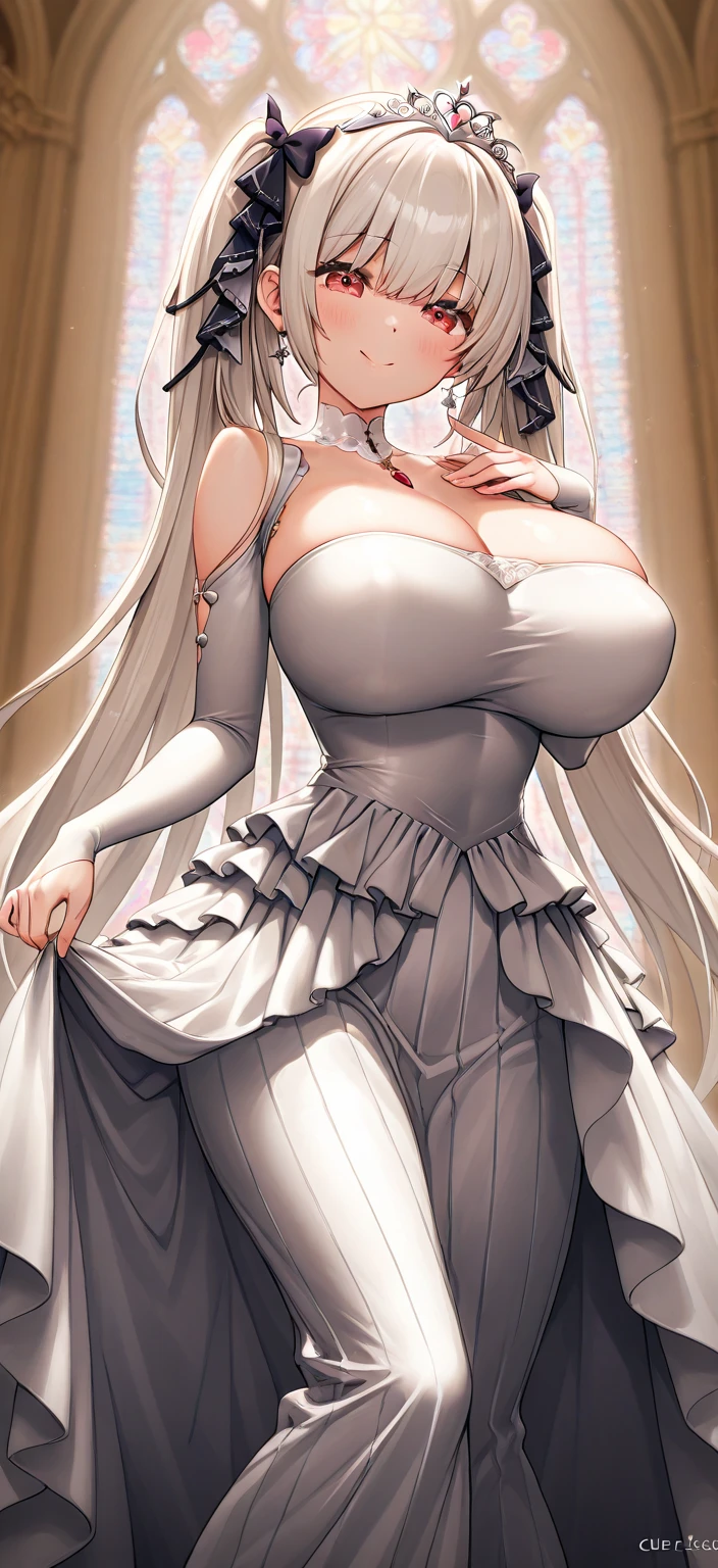 Ariana Grande in a white dress. her now massive breasts are stretching her breast fabric. massive breasts! breast expansion! she's wearing a choker. she looks very confused as this happens. her massive breasts continue to grow. bust growth!