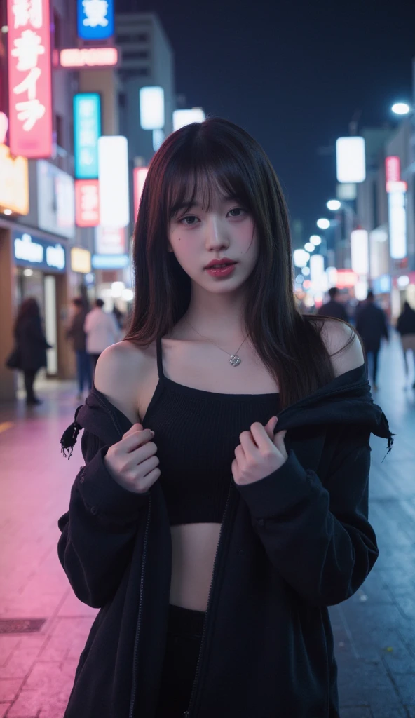 (8k, RAW photo, best quality, masterpiece:1.2), ultra detailed, ultra high res,
(realistic, photo realistic:1.37), high detail RAW color photo, professional photograph,
an extremely delicate and beautiful, extremely detailed, 8k wallpaper, Amazing, finely detail, huge file size, official art, extremely detailed CG unity 8k wallpaper,
extremely detailed beautiful girl, extremely detailed face, extremely detailed eyes, extremely detailed skin, extremely detailed fingers, extremely detailed nose, extremely detailed mouth, perfect anatomy, highly detailed background, extremely detailed clothing,
1girl, (18 years old:1.2), teenage, cute girl, famous japanese idol, kawaii,
(small breasts:1.2), realistic body, petite,
fair skin, shiny skin, slender body, good figure,
black hair, long straight hair, (blunt bangs:1.2),
smile, cute, young, cute face, baby face, realistic face,
beautifully detailed eyes, drooping eyes, beautiful big eyes, large dark eyes, beautiful and clear eyes,
(hoodie:1.2), short sleeve, short pants, thigh, necklace, earrings,
looking at viewer, cowboy shot, front view, standing posture, contrapposto,
outdoors, (night:1.2), neon city, neon light, neon sign, public, crowd,
dynamic lighting, front lighting,