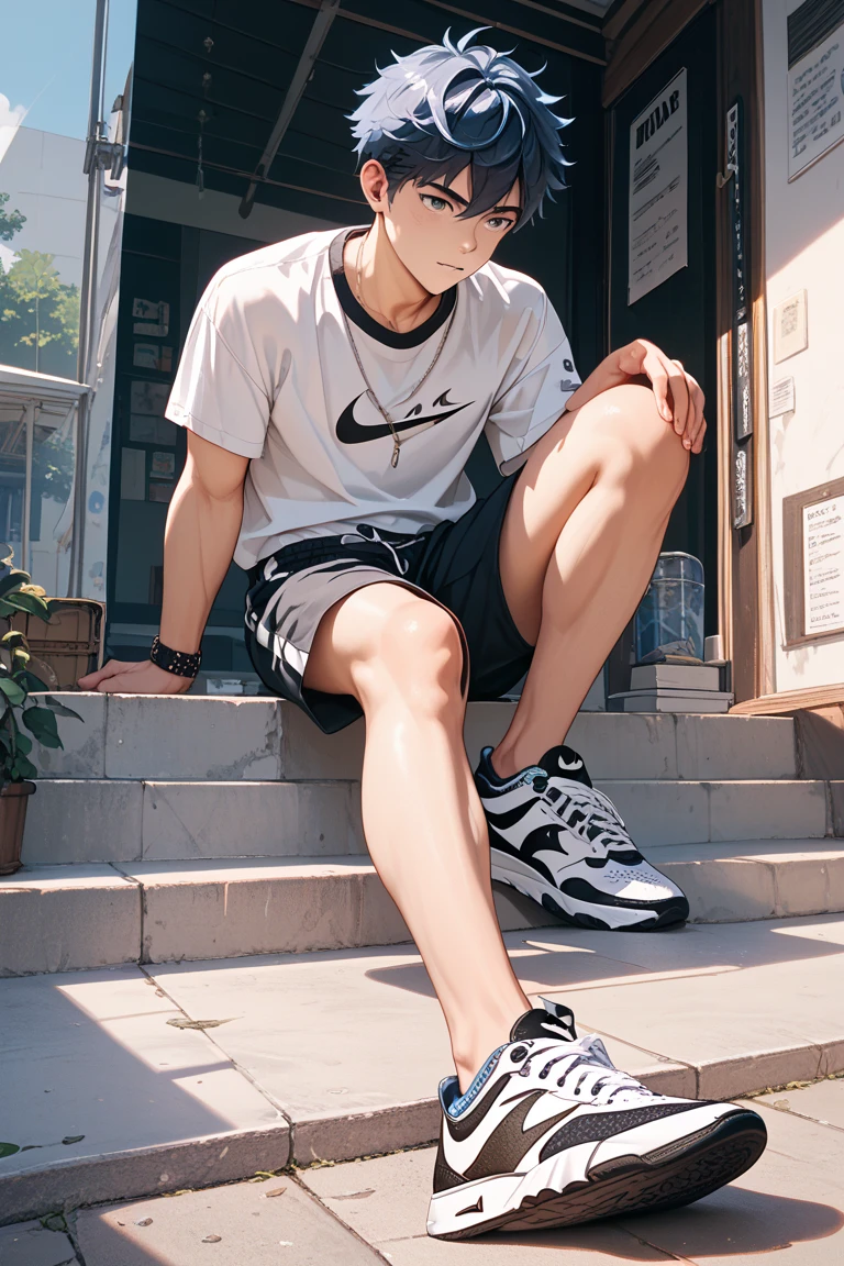 A boy in his twenties，Wearing long white socks and high-top board shoes，White skin，Long legs，Some abs are exposed，voluminous hair，Handsome，adorable，Cool boy, short hairs，smirk, gangster, handsome