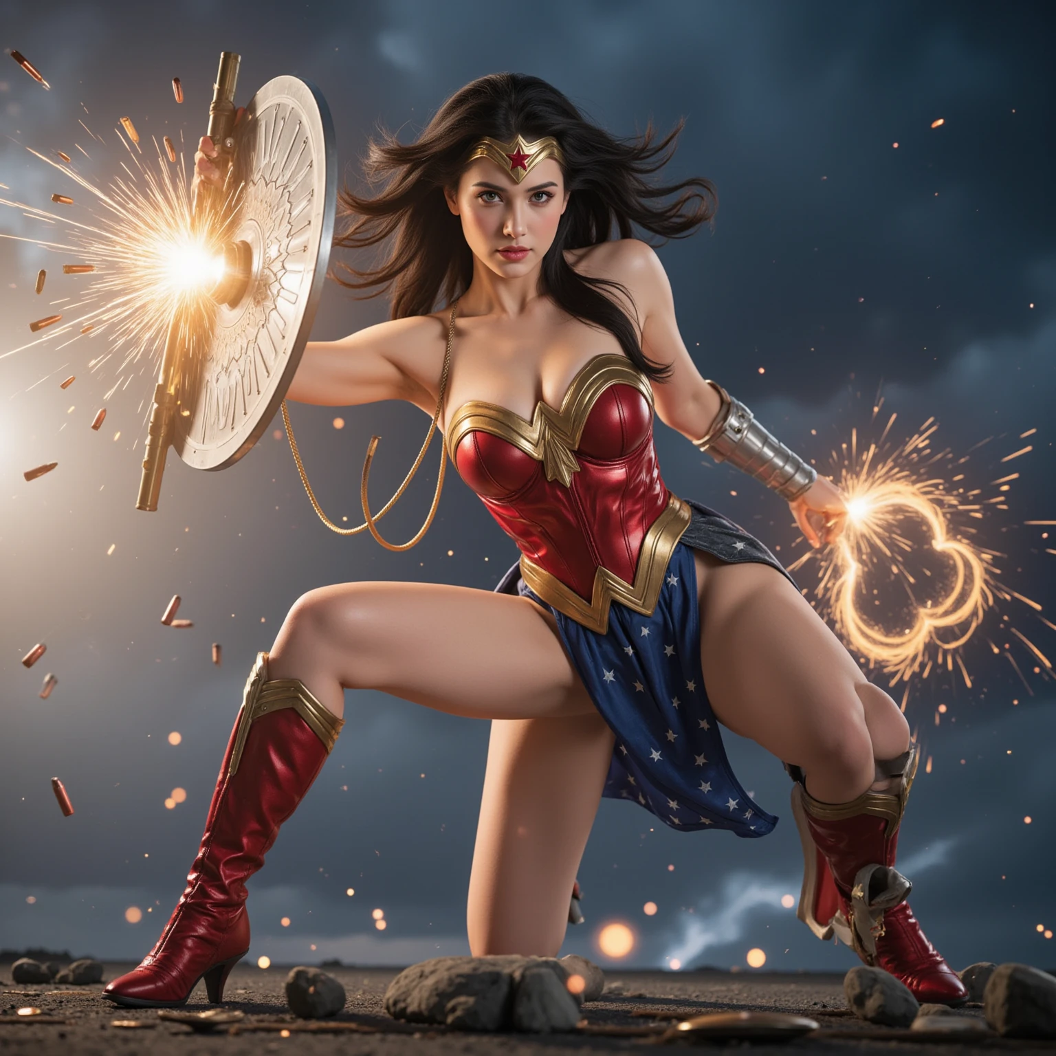 Photo-realistic,Realistic illustration in Manga style,((Masterpiece)),((Best quality)),((Ultra-detailed)),((1girl)),((solo)),((Waifu:1.5)),Perfect Anatomy,Cute_face,Waifu Kate beckinsale as Tifa Lockhart final fantasy 7 remake,in cosplay of Wonderwoman and ironman Mark-85 and Ahri and Rin Tohsaka,Angel golden Armor with crystal wings,wet clothes,Miniskirt,black socks,light-Red_eyes,wavy hair,eyeliner,cute Makeup,((Perfect detailed eyes)),cyberpunk city,rain outside,nighttime,((Extremely CG unity 8k wallpaper)),intricate details,extremely beautiful and aesthetic,Octane rendering,full body portrait,wet skin,((perfect detailed body)),