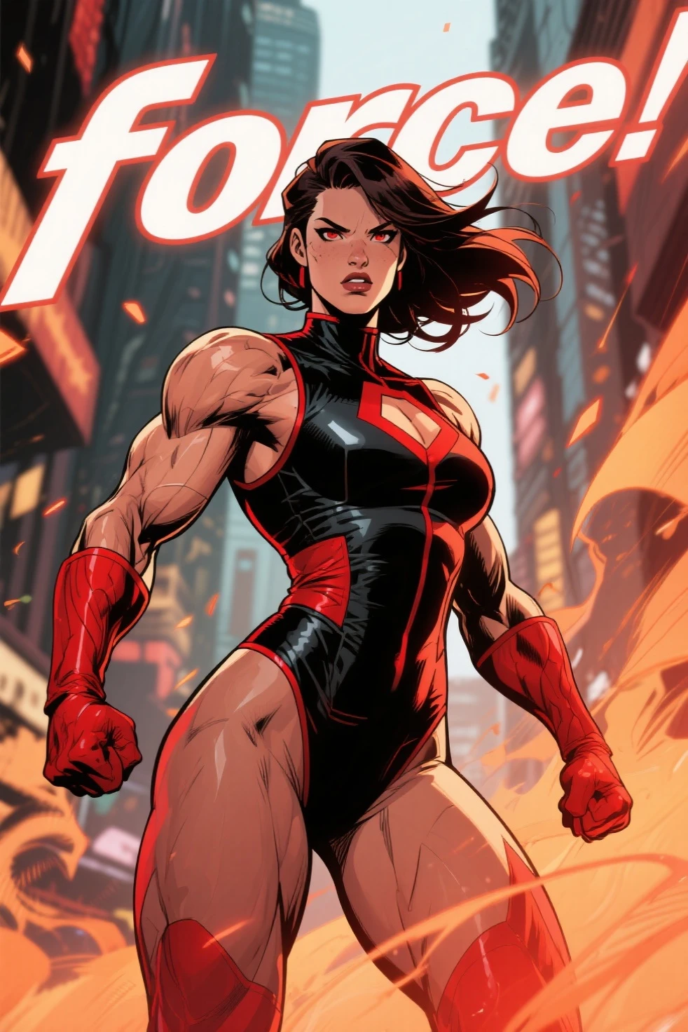 action scene, running, dynamic action, masterpiece, high quality, dynamic action, high definition, Stretcher comic book woman, elasticity, long hair, huge ponytail, athletic, toned, thin, womanly, rubbery, elastic woman, ((white and red spandex)), rubber body, brunette, (((huge breasts))), city street, daytime, heroic, cheerful,