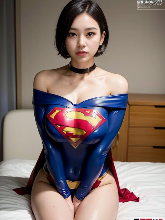 masterpiece、Enamel Supergirl Costume、Short Hair、Hospital operating table、Crisis situation、Big and ample breasts、looking at the camera、Shiny、Off the shoulder、choker、Long sleeve、Red exy poses to seduce、Sweaty、Model Body Type、Alluring、charm、Enchanting、abused、test subject、victim、Wild、Photorealistic、latex、