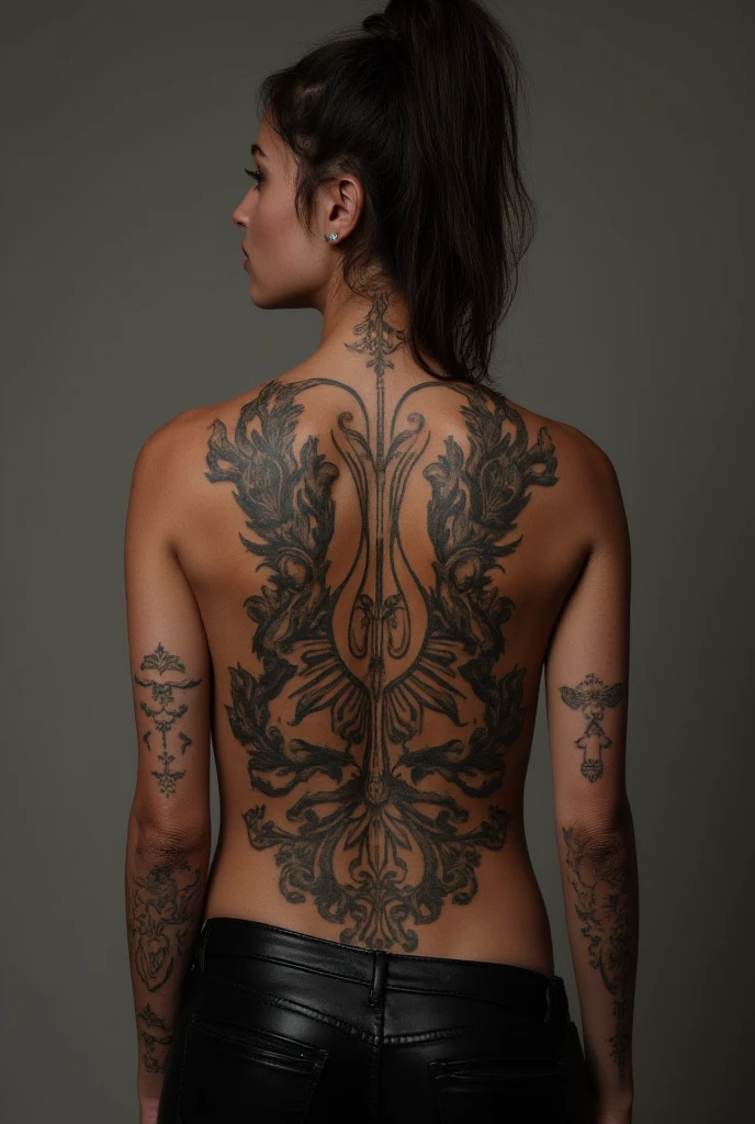 neck Tattoo, upbody, backview, from above, detailed background, by Edward Weston, best quality, masterpiece, very aesthetic, perfect composition, intricate details, ultra-detailed