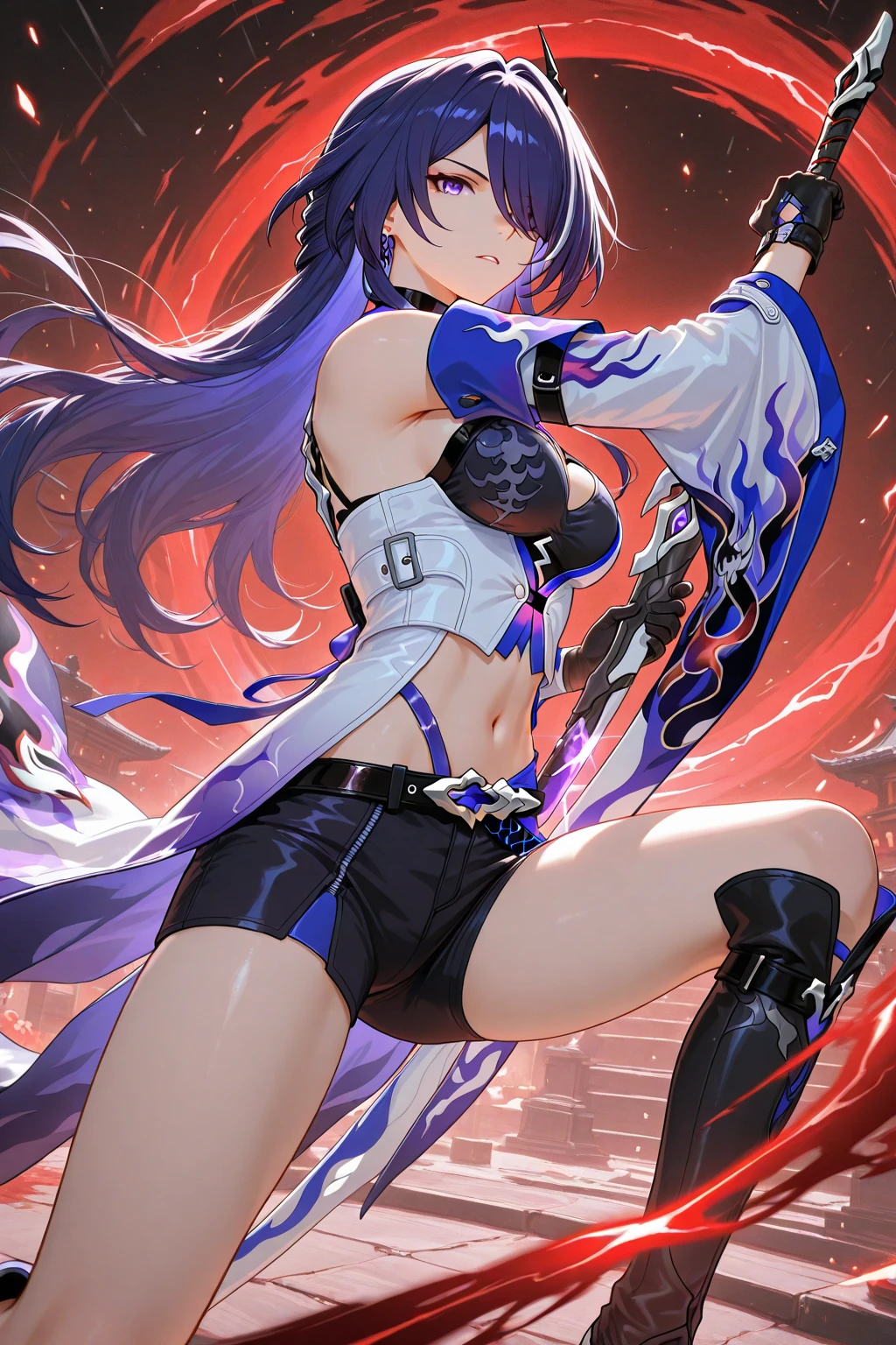 masutepiece, Best Quality, Blue leotard，highleg, Elegant, 1girl in, thigh high boots, Cute, blushed, Looking at Viewer, From  above,, Mini skirt, White and black striped T-shirt, Blue eyes, Beautiful eyes, Beautiful background, light Particle, Sun rays, Dramatic Lighting, Outside, shiny, Realistic, masutepiece, Best Quality, Ultra-detailed, Detailed, Scenery, Beautiful detailed eyes, detailed hairs
