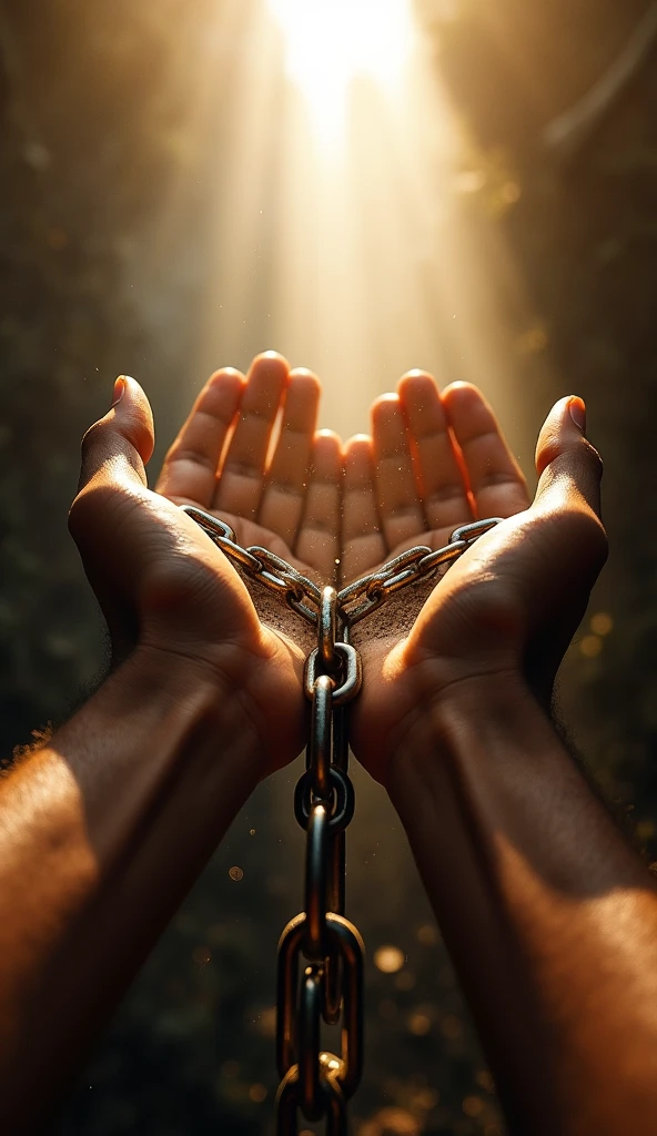 Hands raised to the sky, breaking chains that represent vices. In the background, a golden light emanates from the breaking point of the chains. Symbolic style with realistic details, high definition, realistic style, cinematic style, soft colors. Photorealism style, high resolution, 8k