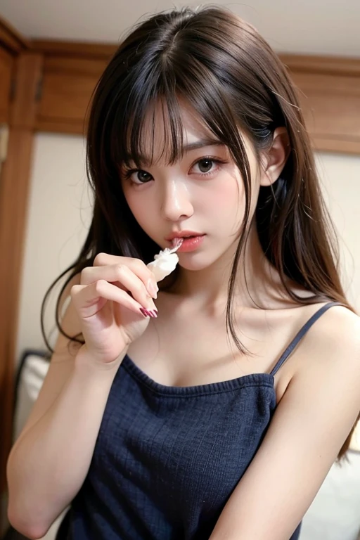 bird’s-eye view、lying on the stomach、she is eating a big corn dog、japanese 、((very thin))、((white drool)), (((white drool))), ((mouth open))、(wet with water)、(flat chest)、(10 talents)、fashion trendy, Beautiful and charming beautiful girl、A beautiful Chinese girl who is gentle and charming、attractive oval face、double eyelid、smart peach eyes、pink lips、narrow nose、focus on the face、Ultra high definition、Super detailed、fresh and impressive、