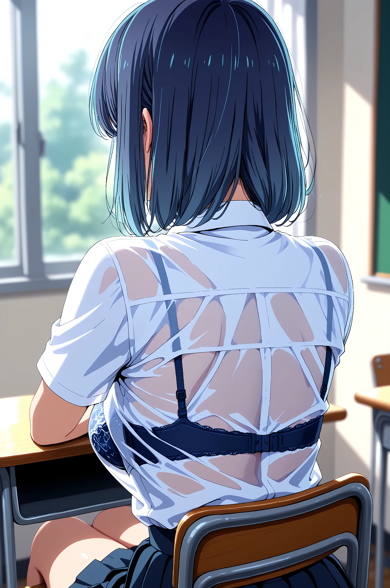Best image quality, Japanese Classroom, Crowd, A lot of strangers, White underwear, Show your ass, Embarrassed face, solo, woman, Black Hair, Bob Hair