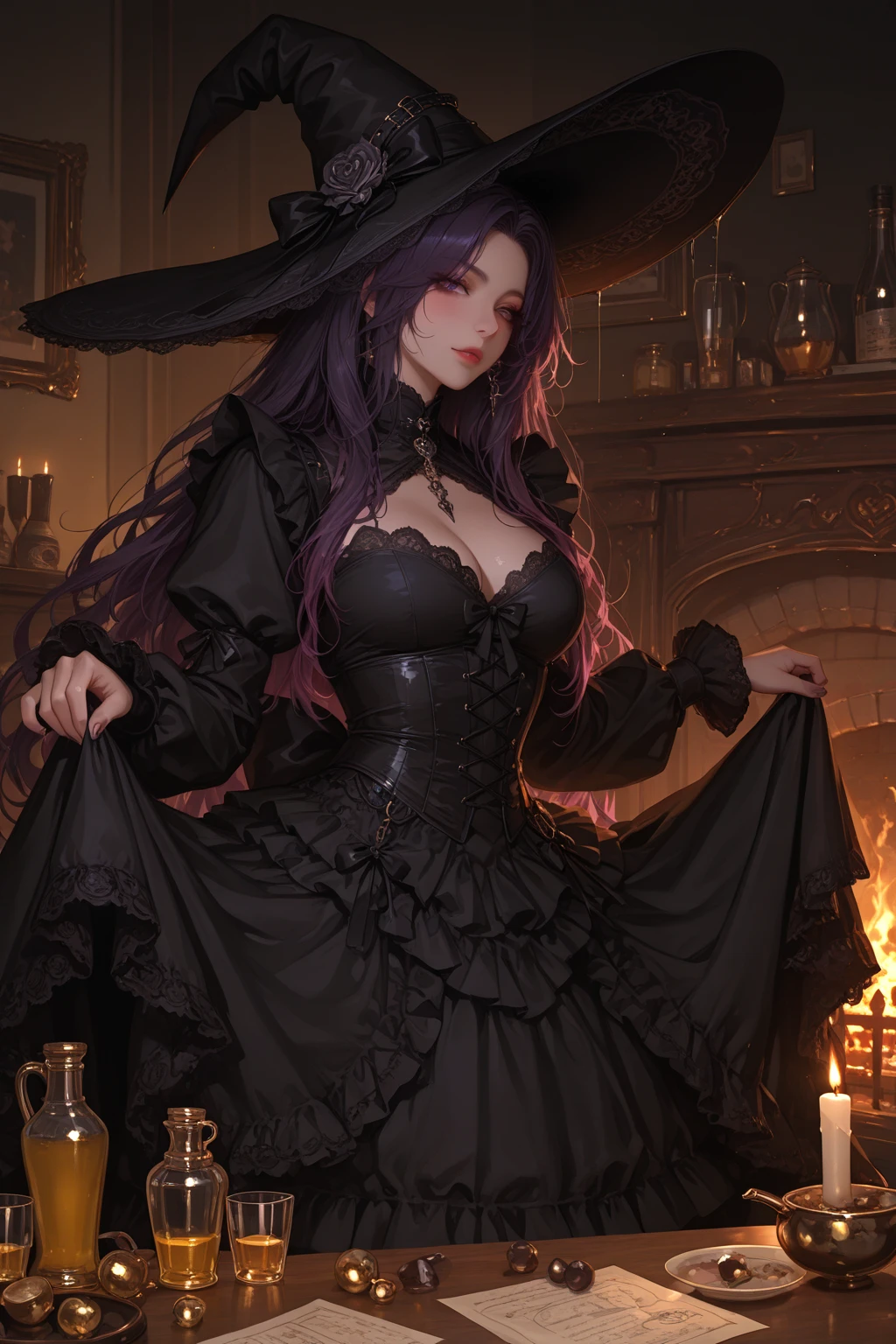 (masterpiece, CGI, enchanting witch character:1.4), a captivating CGI scene featuring a bewitching sorceress with luscious green hair, clad in a seductive gothic black attire, and wearing a stylish witch's hat, (exuding allure and mystique:1.2), (her captivating appearance showcasing a perfect hourglass figure:1.1), (lens used: prime 50mm:1.3), (camera model: Full-frame Sony Alpha a7R IV:1.3), (meticulously crafted lighting setting a mysterious ambiance:1.2), (soft candlelight casting enchanting shadows:1.1), (the wooden cabin interior as the backdrop:1.2), (wooden beams and mystical trinkets decorating the cabin:1.1), (the witch's confident gaze captivating the viewer:1.2), (her flawless skin with a subtle magical glow:1.1), (accentuating her allure and charm:1.2), (her outfit combining seductiveness with gothic elegance:1.1), (a tight corset accentuating her curves:1.2), (inviting viewers into the realm of magic and mystery:1.1), (celebrating her bewitching beauty and feminine power:1.2), (the portrait capturing the essence of dark enchantment:1.1), (a fusion of gothic allure and witchcraft:1.2), (an empowering portrayal of an enchantress embracing her unique beauty:1.1), (a moment of magic and allure crafted with precision:1.2), (a timeless portrait that invites viewers into the world of sorcery:1.1), (an embodiment of witchcraft and feminine allure:1.2), (a captivating scene that bewitches the imagination:1.1), (an enchantress reigning in her mystical domain:1.2), (a photo that conjures up a captivating tale within a wooden cabin's embrace:1.1).