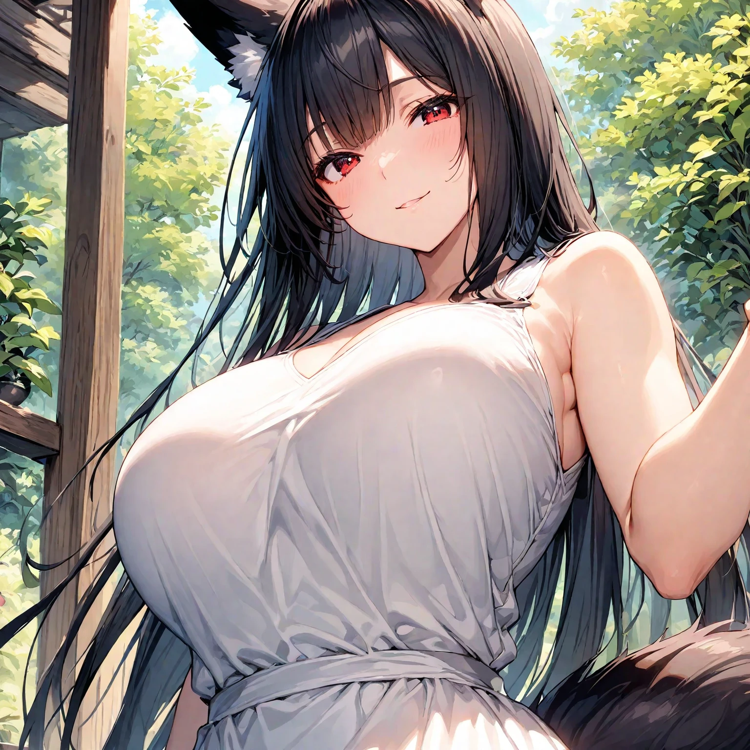 (best quality, realistic, vivid colors, ultra-detailed), beautiful detailed eyes, beautiful detailed lips, long eyelashes, fluffy fox ears, charming smile, massive breasts, confident and playful expression, delicate nose, fair skin, hourglass figure, wearing a cute and stylish outfit, in a magical forest, surrounded by vibrant flowers and lush greenery, warm sunlight filtering through the trees, a mischievous fox with matching fur and tails by her side, adding a touch of whimsy to the scene, creating a sense of mystery and enchantment.