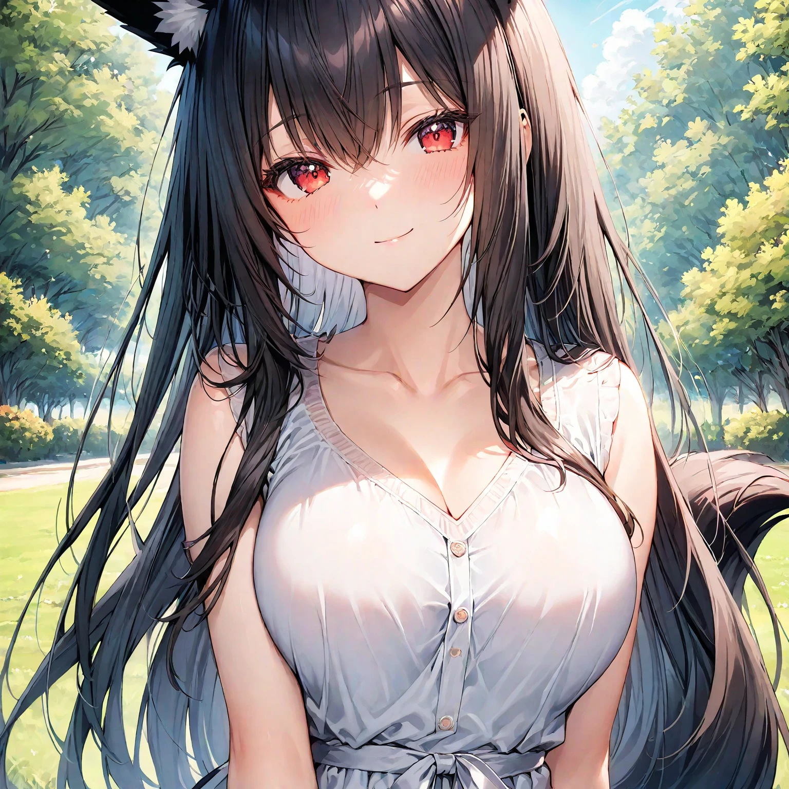 sexy dog girl, nsfw, ((dog collar)), ((dog ears)), ((wagging dog tail)), ((((extremely excited and happy expression)))), ((drooling)), sitting outside at a park (dynamic lighting), (((provocative pose))), small breasts, wearing tight shorts, see-through white crop top (loose), nipples, sweating, (((steamy atmosphere))), 8k, UHD, masterpiece, vibrant colors, intricate background, warm atmosphere, light streaming through trees, falling leaves