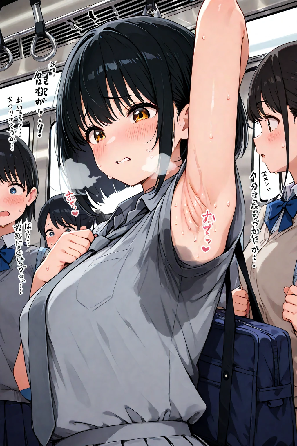 Crying girl with black bob hair、Small breasts、Upper body naked、Nipples are erect、Pale pubic hair、Floral Panties、Floral bra、Checked Skirt、A naked middle-aged man is grabbing her breasts with both hands on the train、Chest up