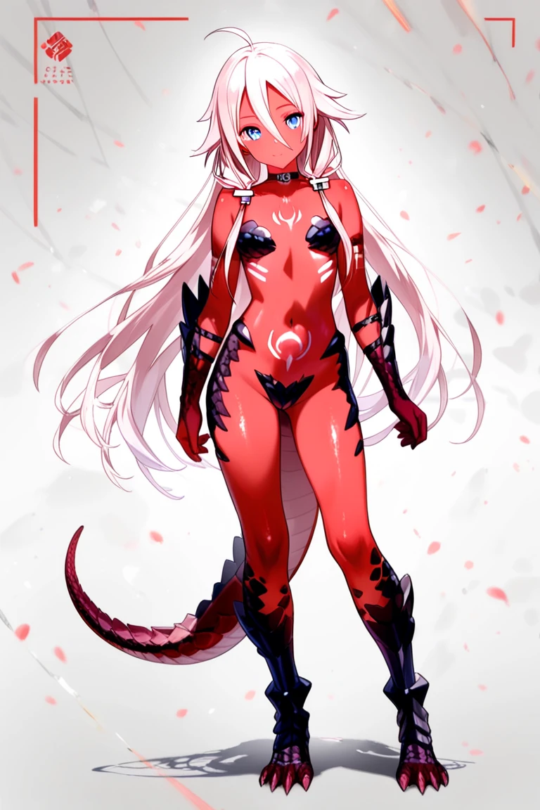 girl, Red hair, twin tails, glowing red eyes, slender frame, demon, furry tail, digitigrade legs, on kneeposed rib cage), (protruding hip bones),