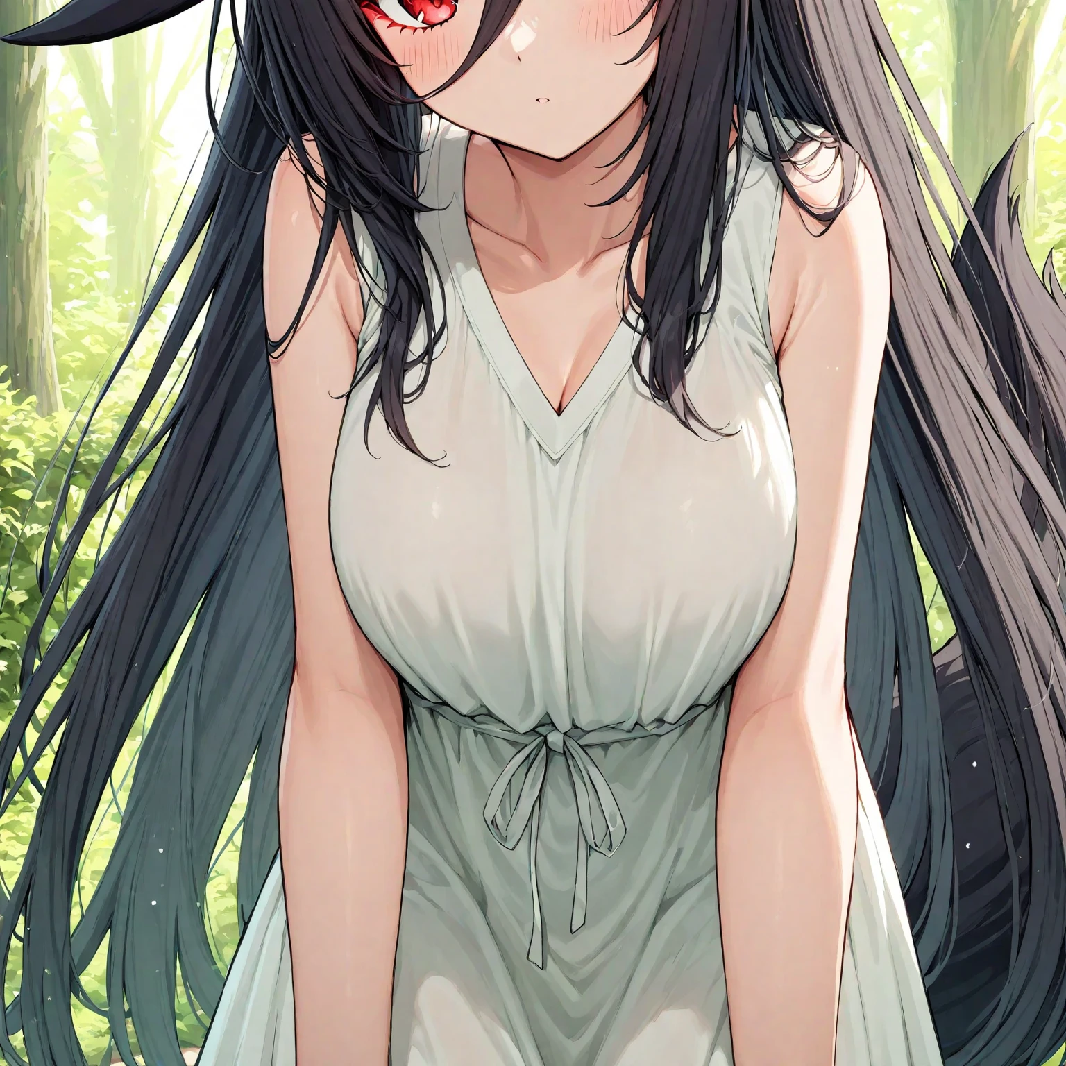 Beautiful tall white woman, medium sized breasts, in a jumper , black hair,  blushing, long black hair, blushing, smaller breasts