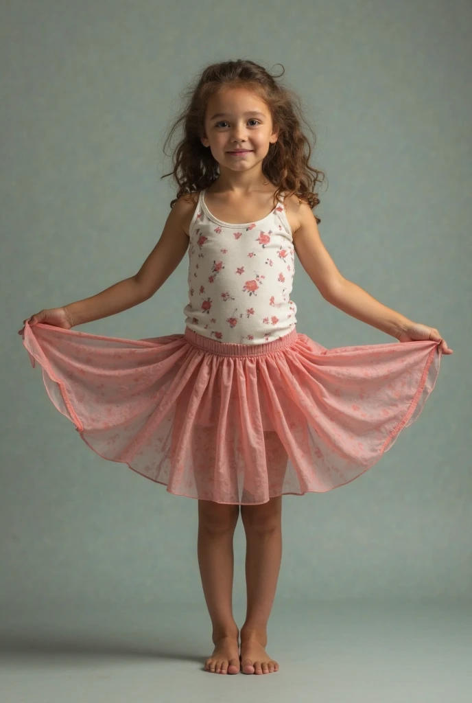Girl with grey eyes, long brown hair, realistic, beautiful, 10 years old, happy, smiling, in a pink dress with white flats. Spinning around, pink flower petals around her, white leggings