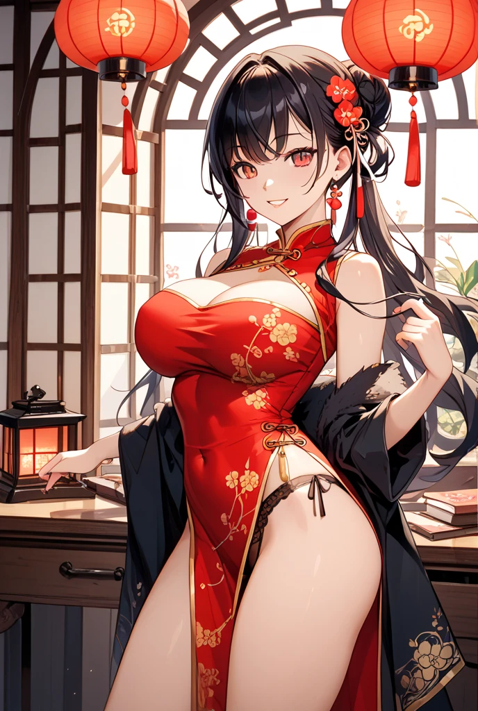 NSFW,1girl,Fantasy,Ancient Chinese Scriveners,Close ~ eyes,Black Hair,Long Straight Hair,Big Breasts,Wicked Smile,Full Art,whole body,China dress,Scrivener's Hat,Possess an open scroll,Books Flying in the Air,Kanji characters appearing from books,Ancient Chinese Courts