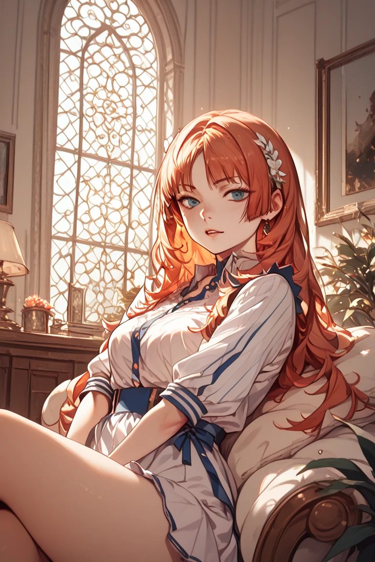 A girl with red hair light blue eyes sitting on a throne holding a flower