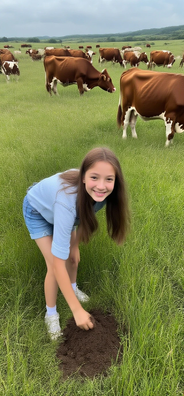 A young girl with brown hair in a blue sleeveless dress, smiling and posing closely with a brown calf wearing a harness. They are outdoors on a sunny day, with a blue sky and some structures faintly visible in the background. The photograph captures a moment of connection and warmth between the girl and the calf