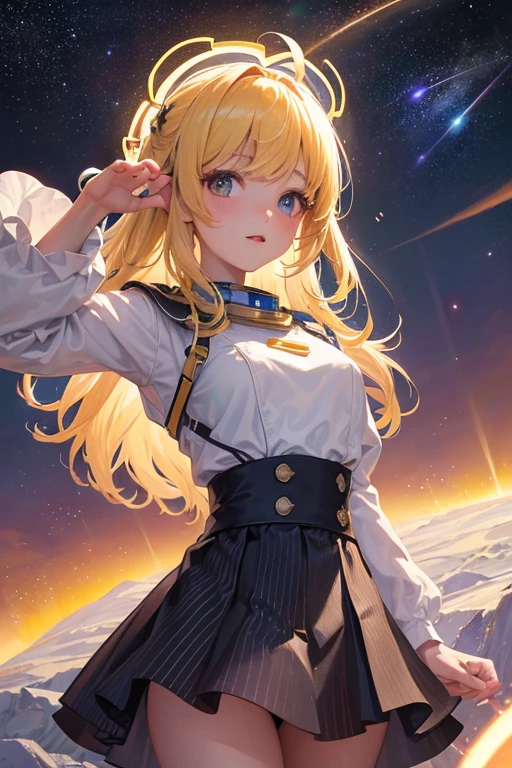 1girl, aurora, bangs, black_gloves, blue_eyes, braided_ponytail, constellation, earth_\(planet\), eyebrows_visible_through_hair, galaxy, gloves, holding, military_uniform, jacket, light_particles, long_sleeves, looking_at_viewer, milky_way, moon, moonlight, night, night_sky, planet, shooting_star, skirt, sky, solo, space, space_craft, star_\(sky\), starry_sky, starry_sky_print, telescope, window, spaceship_bridge, black_tights