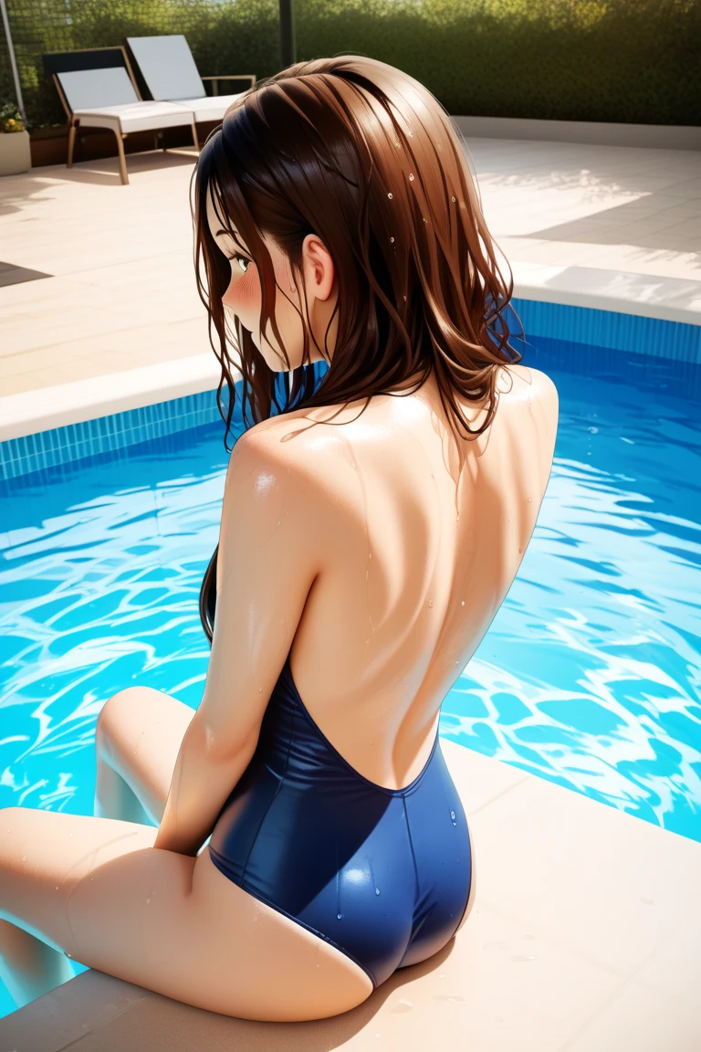realistic, women, competitive swimsuit, pool, sexy, sunset