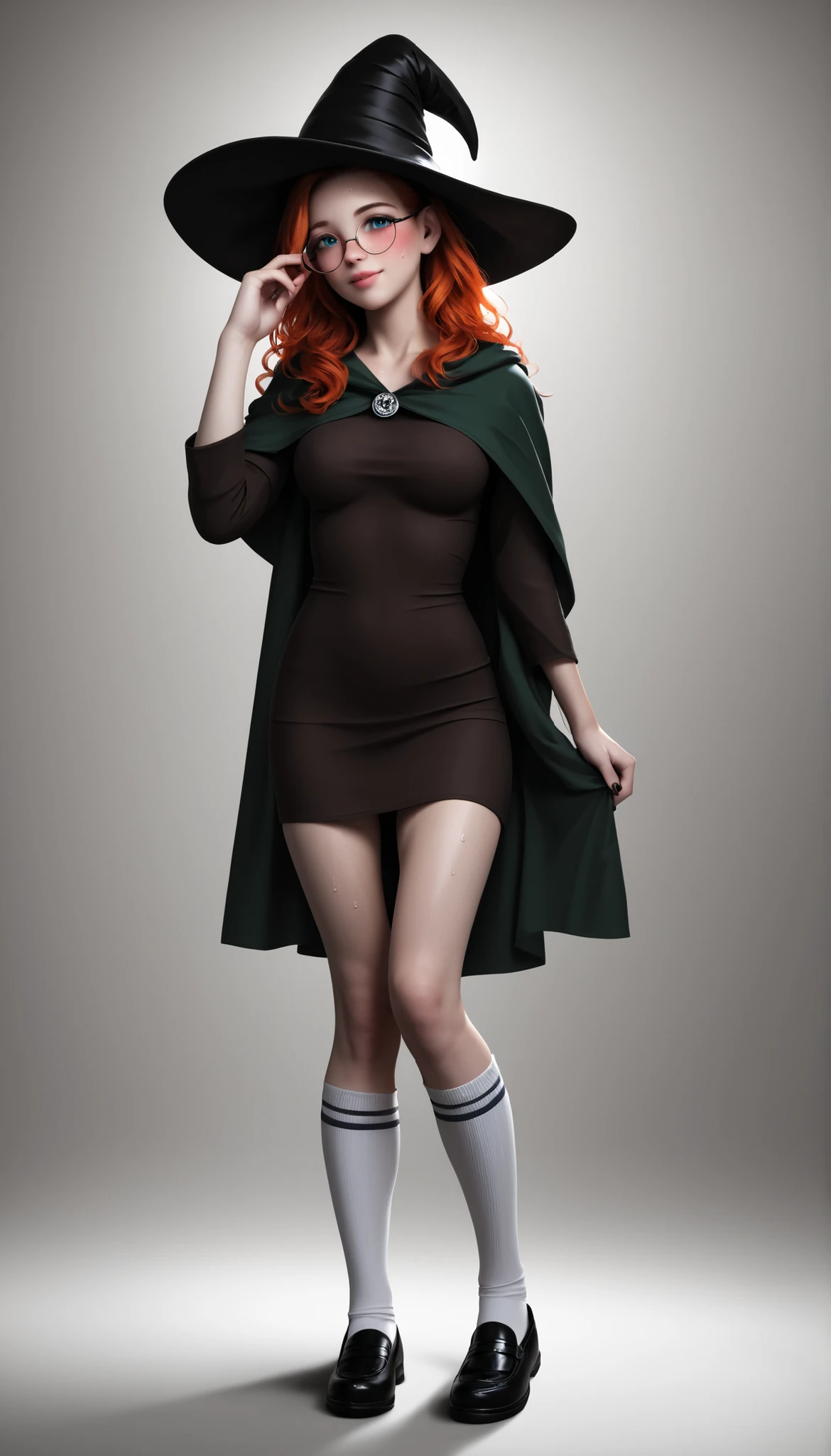 Realistic skin details. Trending. Masterpiece. Full body. thick outlines style. Standing position. dynamic pose. main character. girl pale white skin, detailed eyebrows, right eyebrow up. perfect cute face, cute and petite body. shy pose. 160 cm height. 45 kg weight. playful smiling face expression. looking at viewer with shy playful smile. beautiful lips, cute big cheeks, slightly blush. detailed . sweat on cheek. detailed sweat. shy smile. cute face. Female is a cute small girl, short petite, 20 years old, detailed standing pose, girl with short wavy hair. wavy light-orange hair, wavy bob-A hairstyle, chaotic wavy hair. clear forehead. Oversized round glasses. perfect round glasses. adjusting glasses with one hand. detailed blue eyes, detailed body. detailed realistic skin, pale white skin. Huge black witch hat. Huge old witch hat. Black detailed hat. hip-length dress, peasant dress. peanut-brown dress. cotton brown short dress. White toe-socks, clear socks. tight-fitting thin white socks. black mary jane shoes, green cloak. short green cloak on top. detailed . blush on the knees. Dark nails. Detailed dark nails. simple background. gothic aesthetic. logic body proportions, detailed legs, logic . realistic toes. realistic proportions. tender pale skin. pale-white girl. soft light, Dramatic lighting, intricate details, masterpiece, ultra detailed face, high quality, 8k, fat outlines. inspired by darkest dungeon style. best quality, realistic, cinematic, powerful composition. Simple white background. Sharp face focus, dramatic chiaroscuro. ultra lightning. Inspired by realistic art. Detailed fingers, detailed hands, detailed skin, Detailed face, realistic body, detailed face. Detailed eyes.