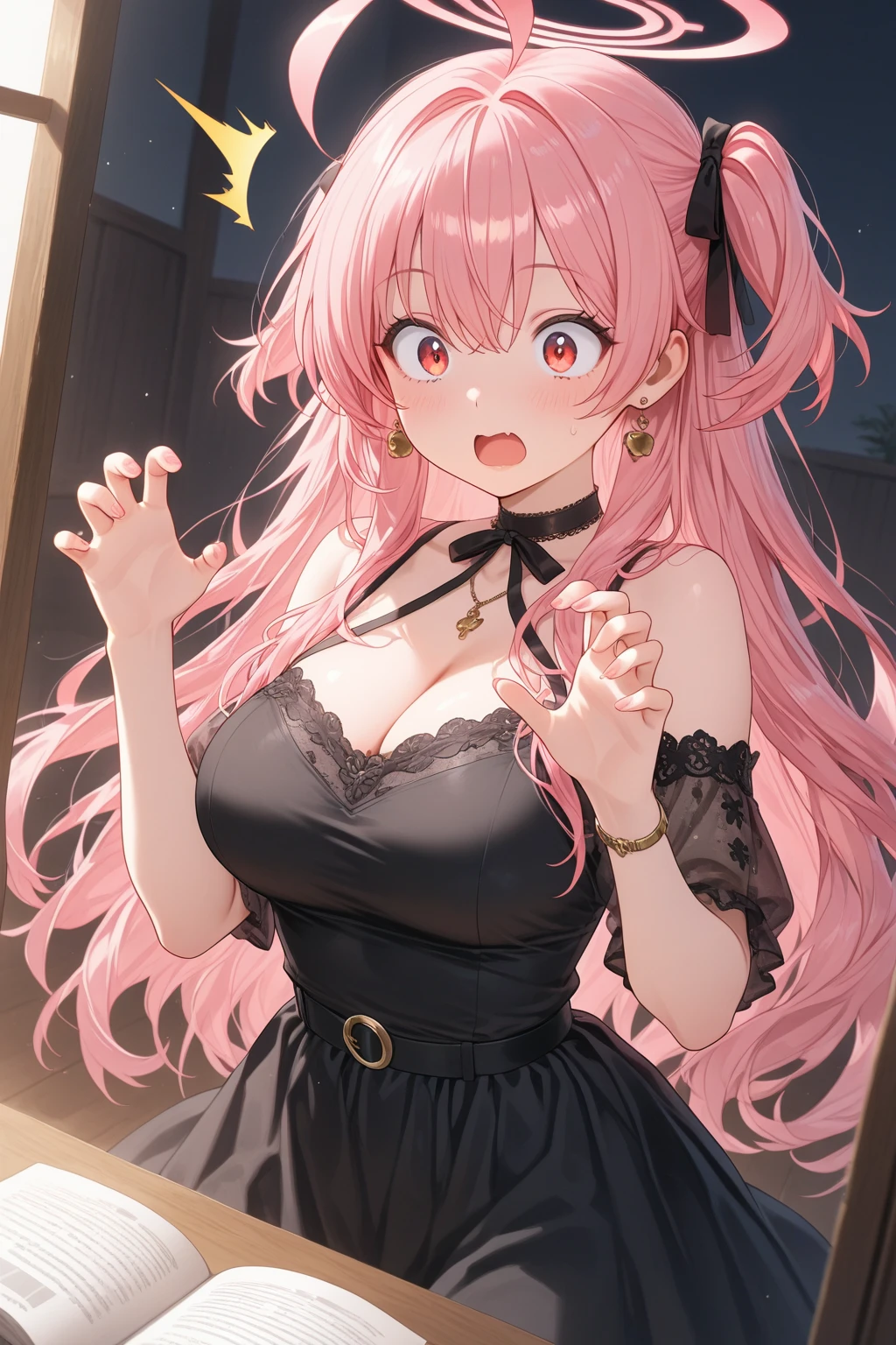 (1 Girl:1.2), (Solitary:1.2), On the table, nffsw、Shaders、Excellent texture work、Extremely detailed eyes、The eyes have extremely complex pupils、Top quality、Black Hair、Mine Fashion、Half Twin Tail、Beautiful nails、High heel、Deco、Batch Remake、Pink top、Black skirt、Kamiaki、Pink blush、Mouth that laughed、Front view、Forward Leaning Posture、Full breasts、valley、Shoulder abduction、Looking at the audience、Pregnant