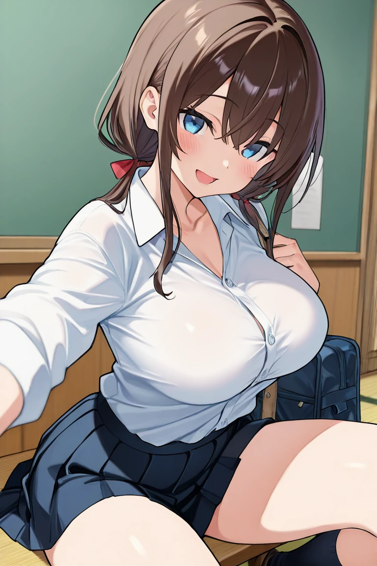 (best quality:1.5, highres, UHD, 4K, detailed lighting, shaders, hand depiction), chestnut long hair, right hair bang, large breasts, unbuttoned school uniform, cleavage, bra, (skirt lift, panties), smirk, standing, close shot, sexy, erotic, lewd, classroom background, from below view