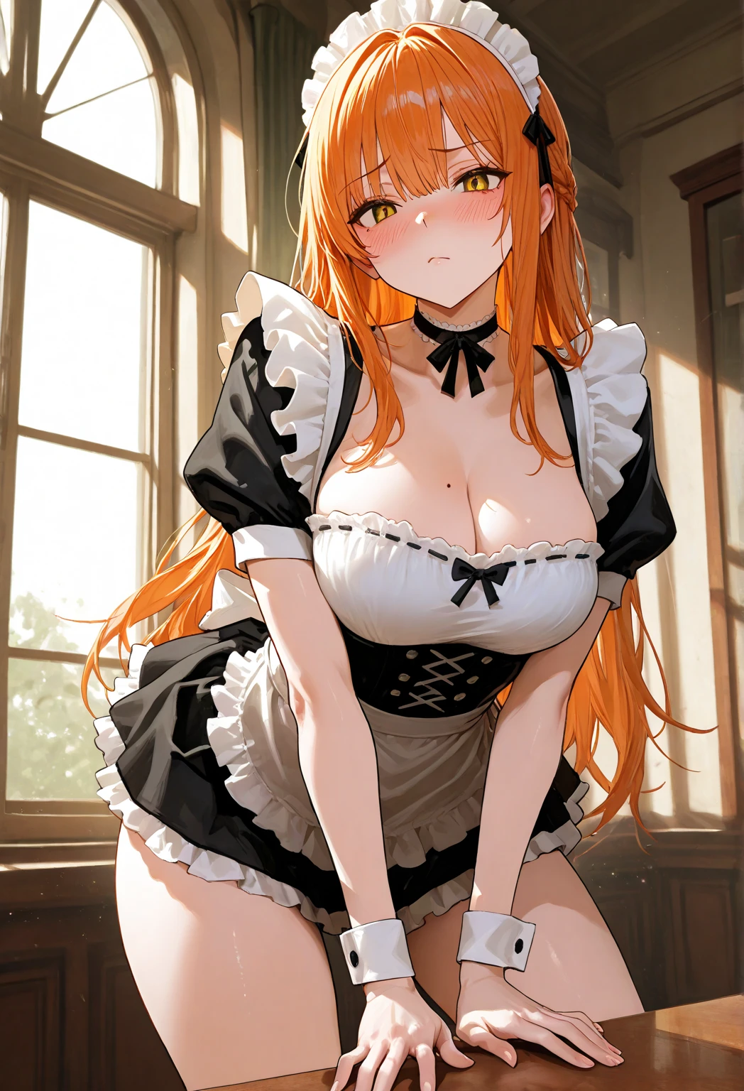/draw apron orange_hair green_eyes breasts breasts_out couch dress female frills gloves highres koruse large_breasts long_hair looking_at_viewer lying maid maid_apron maid_headdress no_panties original solo gloves black pantyhose lifts her skirt and shows her ass in pantyhose HD UHD HQ