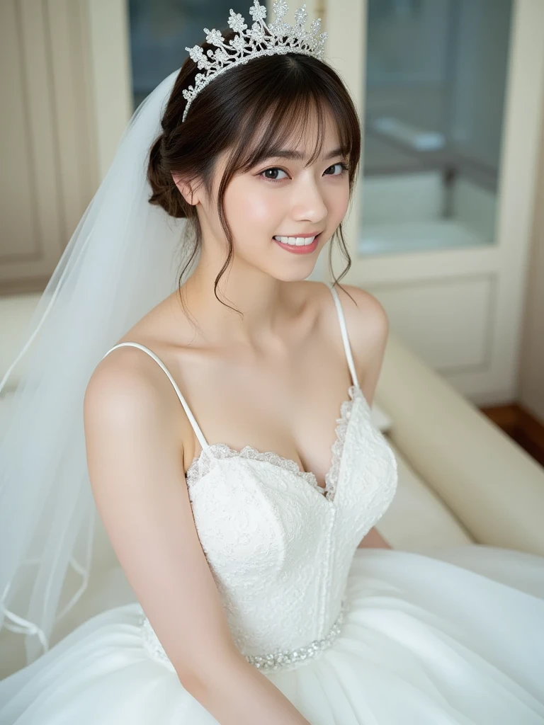 1 woman、Wedding、Beautiful style、Super high quality、whole body、beautiful skin、Japanese、innocent smile、Pull angle of view、realistic pictures、delicate、clear、white background、pink dress