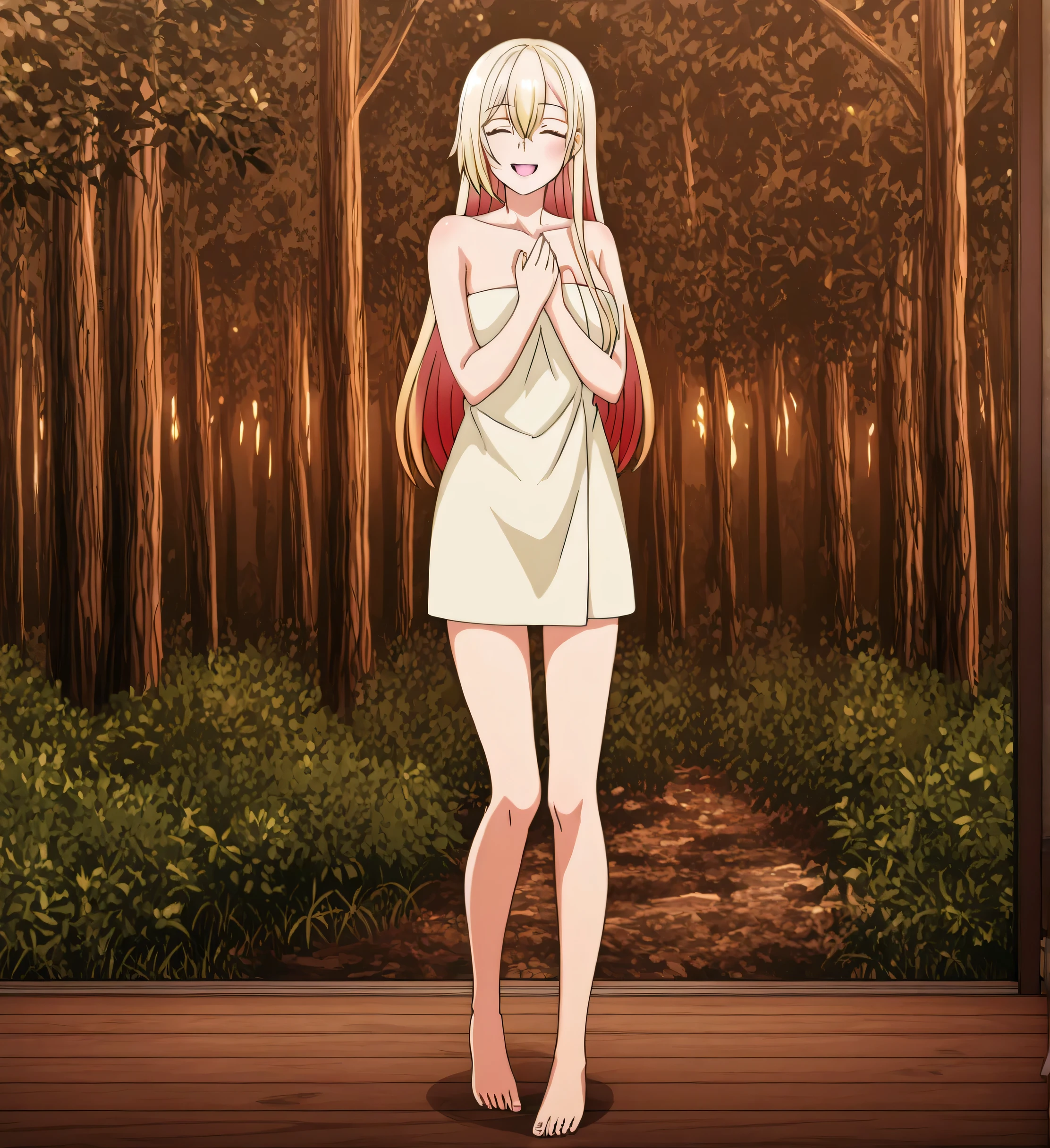 women with nice smiles,Blonde Long Hair, full body view, standing in the teacher's house,Can you draw a woman bathing in the forest on the lakeside,don't crop her face because facial expression is the top priority,Only one,can you accurately draw details of hands and legs,