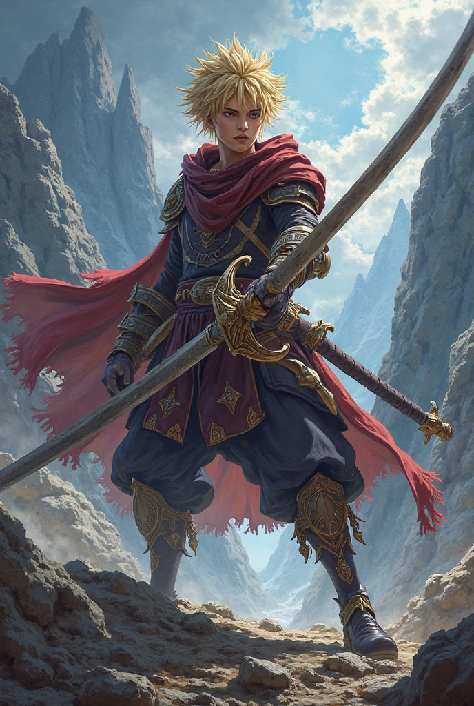 Handsome elf man in his 40s with short blonde hair, short messy hairstyle with fringes, pointed elf ears, purple medieval knight clothing, golden eyes holding a sword in silver armor with golden decorations, wearing a golden crown of green quartz brown boots , brown leather belt, jade ornaments on the forest background with magical symbols