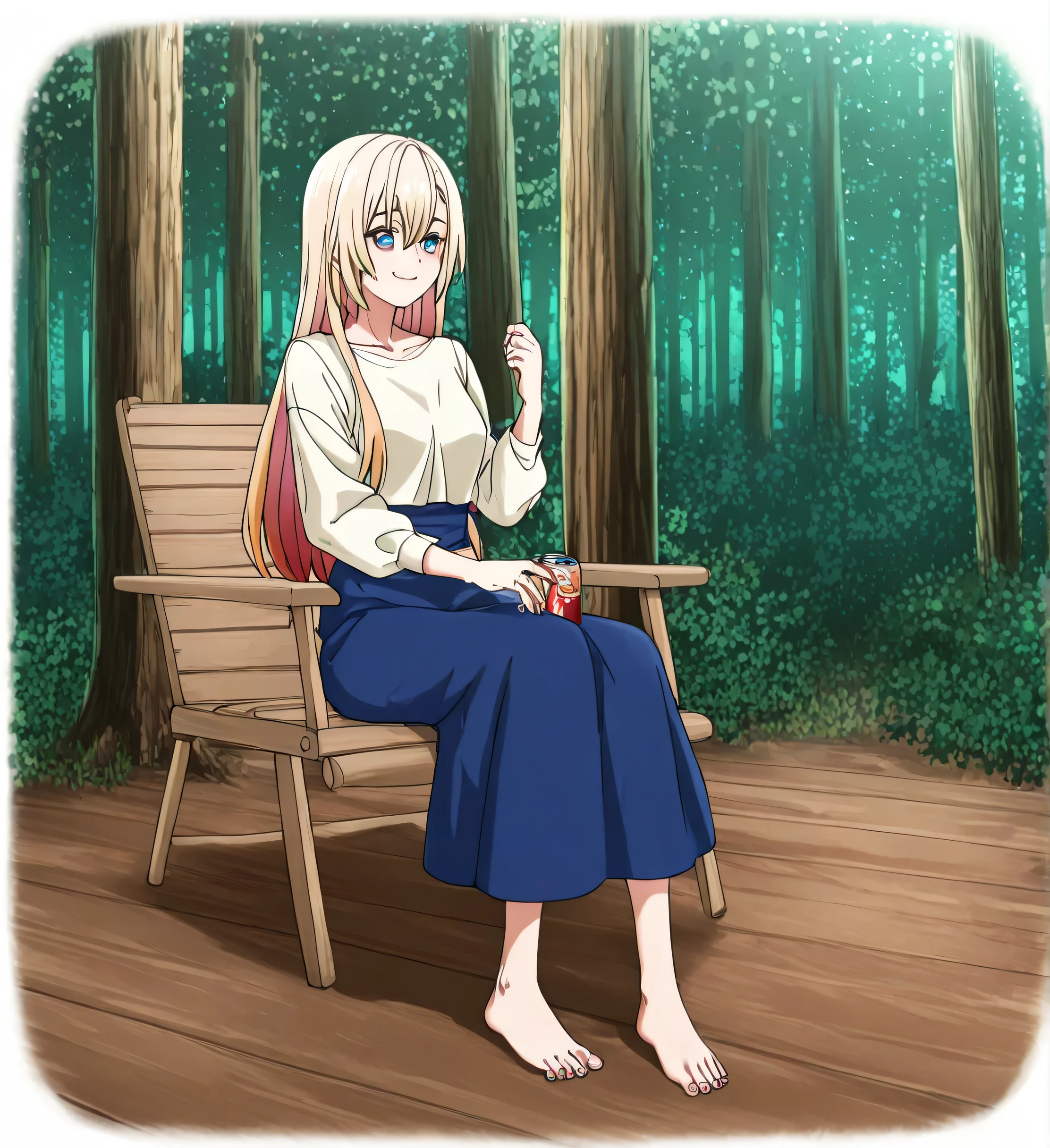 Women with Lovely Smiles,Blonde Long Hair, full body view, I'm in a bright, clear forest villa,,I'm relaxing sitting on a lakeside forest villa chair,The usual costume,Blue Skirt,,Please don't cut out my face。Facial expression is a top priority,only,can you accurately draw details of my hands and feet,