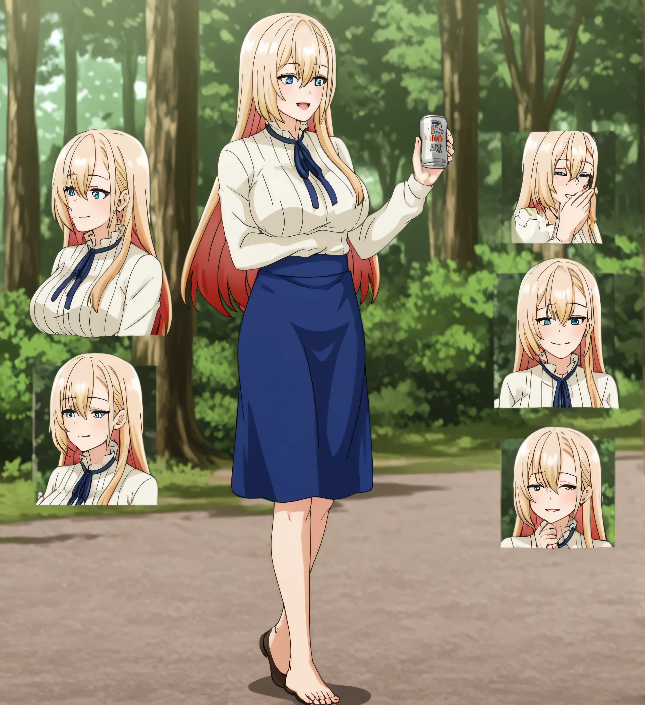 can you draw more delicate expressions,Women with gentle smiles,Blonde Long Hair, full body view, I'm a bright, Forest Villa,,湖畔のForest Villaの椅子に座ってリラックスしています,I'I'I'm wearing shoes,usual costume,blue skirt,,don't cut off her face。expressions that open their legs defenseless are prioritized,only,Can you draw her fingertips and toes in detail,Big Breasts Women ,