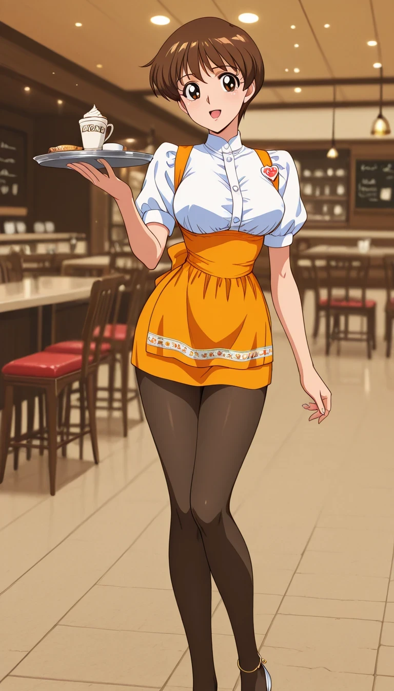 score_9, score_8_up, score_7_up, Source_anime, top quality、8k、masterpiece、natural light、and high precision、perfect anatomy、one woman、midium breasts, voluptuous body, asuka_zero, anime coloring, retro artstyle, very short hair, hair between eyes, brown hair, brown eyes, (Happy Expression, looking at viewer), waitress costume, anna miller, micro mini skirt, pantyhose, anklet, covered nipples, Cleavage, (cafe, blurry background), standing, upper body shot
