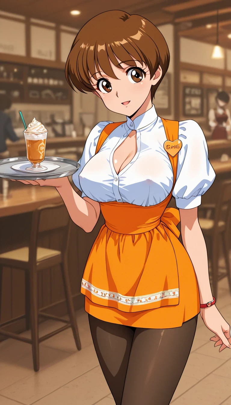 score_9, score_8_up, score_7_up, Source_anime, top quality、8k、masterpiece、natural light、and high precision、perfect anatomy、one woman、midium breasts, voluptuous body, asuka_zero, anime coloring, retro artstyle, very short hair, hair between eyes, brown hair, brown eyes, (Happy Expression, looking at viewer), waitress costume, anna miller, micro mini skirt, pantyhose, anklet, covered nipples, Cleavage, (cafe, blurry background), standing, upper body shot