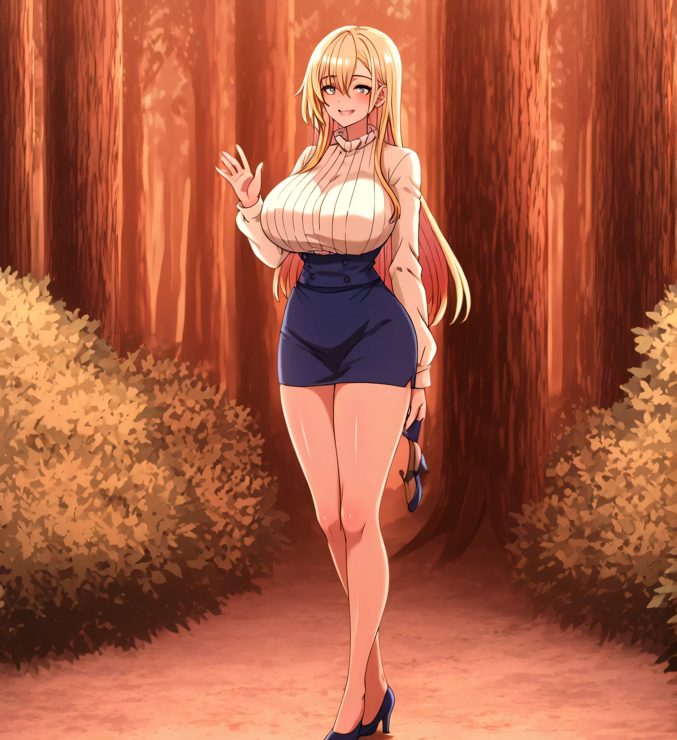 can you draw facial expressions more delicately,Women with gentle smiles,narrow waist even with huge breasts,Splendid Thighs,Can you draw a beautiful woman with huge breasts and beautiful legs in a miniskirt,Blonde Long Hair, full body view, I'm a bright, Forest Villa,,湖畔のForest Villaの椅子に座ってリラックスしています,I'I'm wearing shoes,usual costume,blue miniskirt,High Heels,,don't cut off her face。Expression comes first,only,can you draw details of her hands and feet,