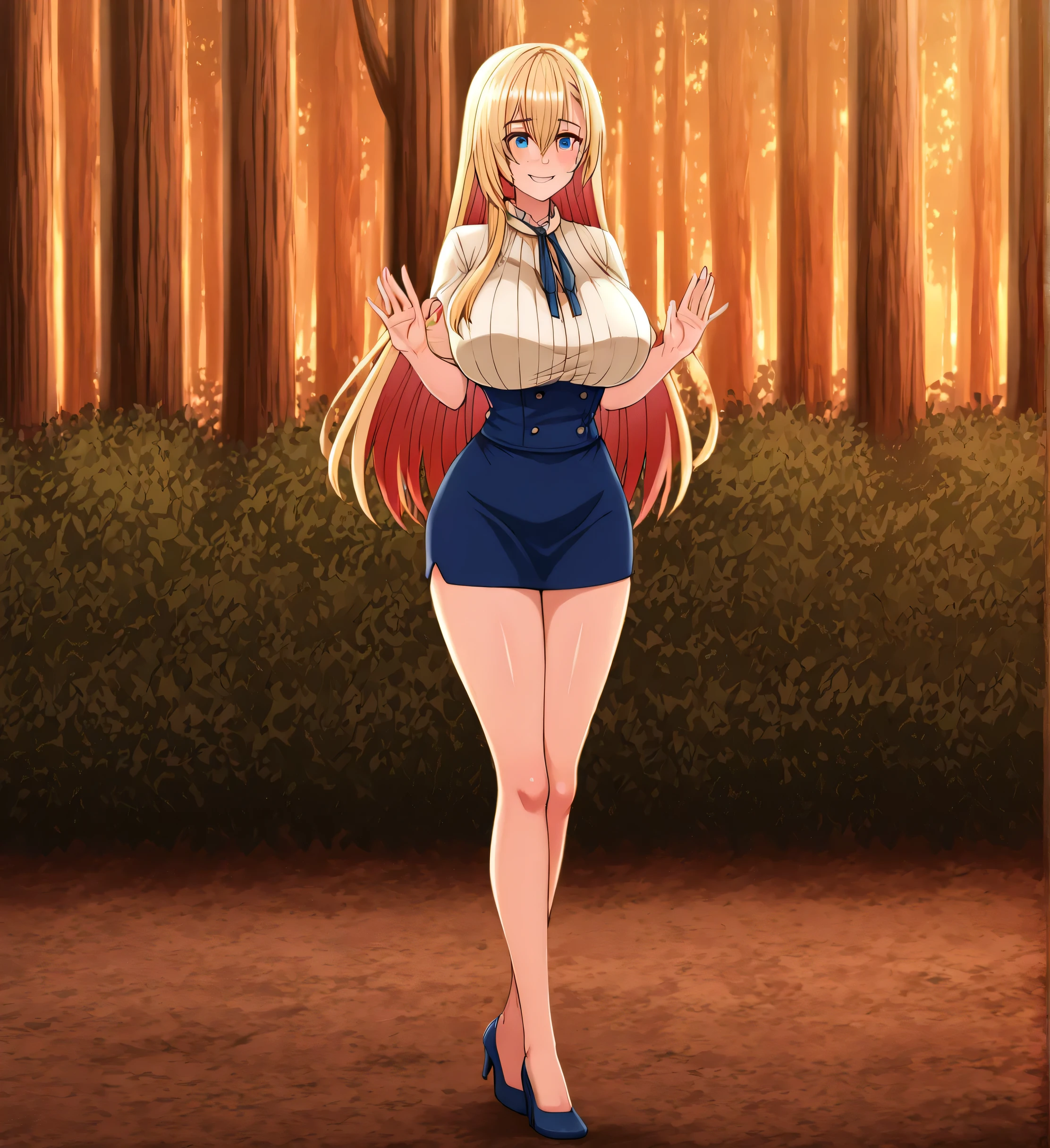 can you draw facial expressions more delicately,Women with gentle smiles,narrow waist even with huge breasts,Splendid Thighs,Can you draw a beautiful woman with huge breasts and beautiful legs in a miniskirt,Blonde Long Hair, full body view, I'm a bright, Forest Villa,,湖畔のForest Villaの椅子に座ってリラックスしています,I'I'm wearing shoes,usual costume,blue miniskirt,High Heels,,don't cut off her face。Expression comes first,only,can you draw details of her hands and feet,